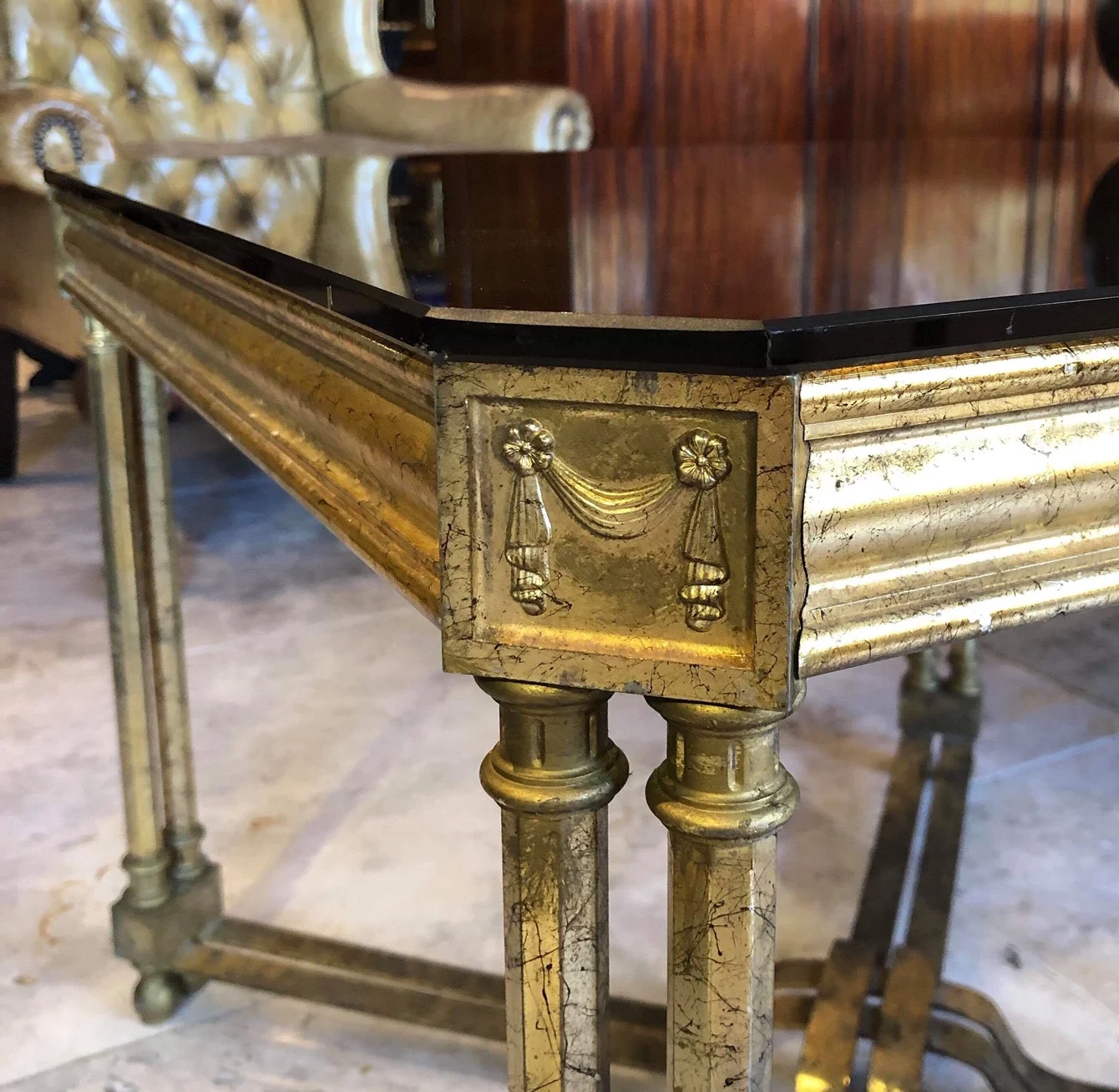 pair of french mid century brass and glass occasional tables