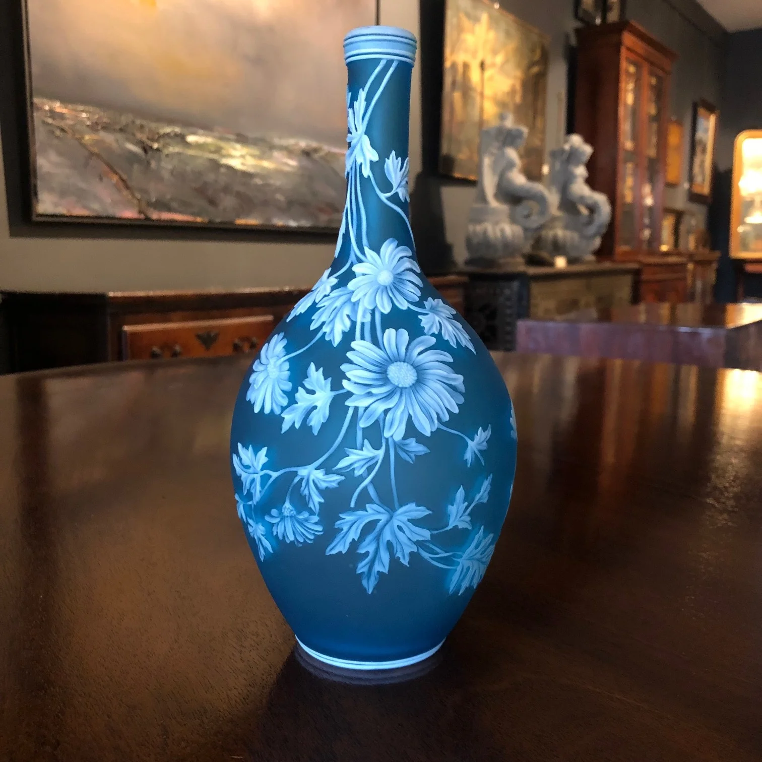Blue Cameo Glass Bottle Vase Attributed to Thomas Webb