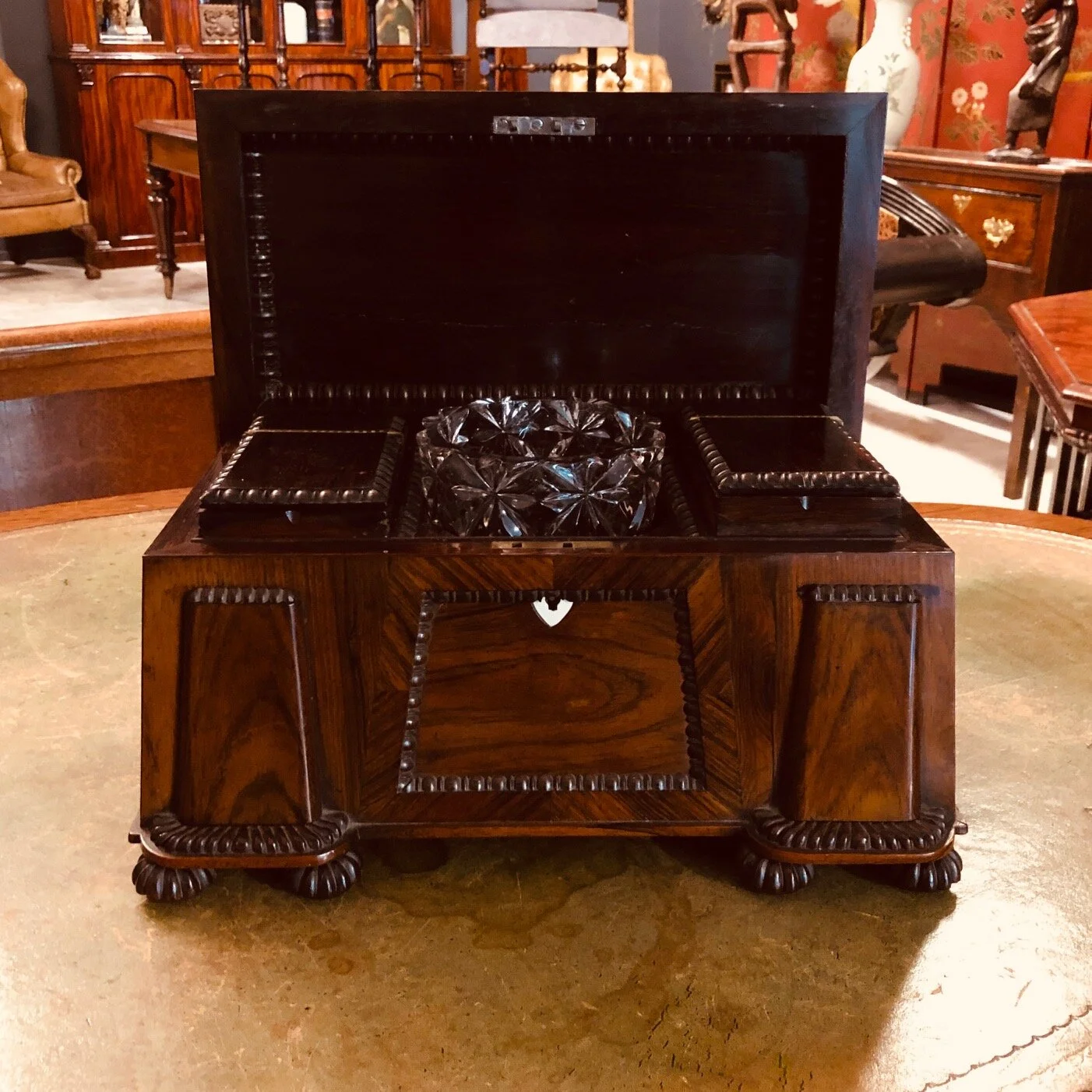 Regency rosewood tea caddy in the form of a miniature sideboard antique