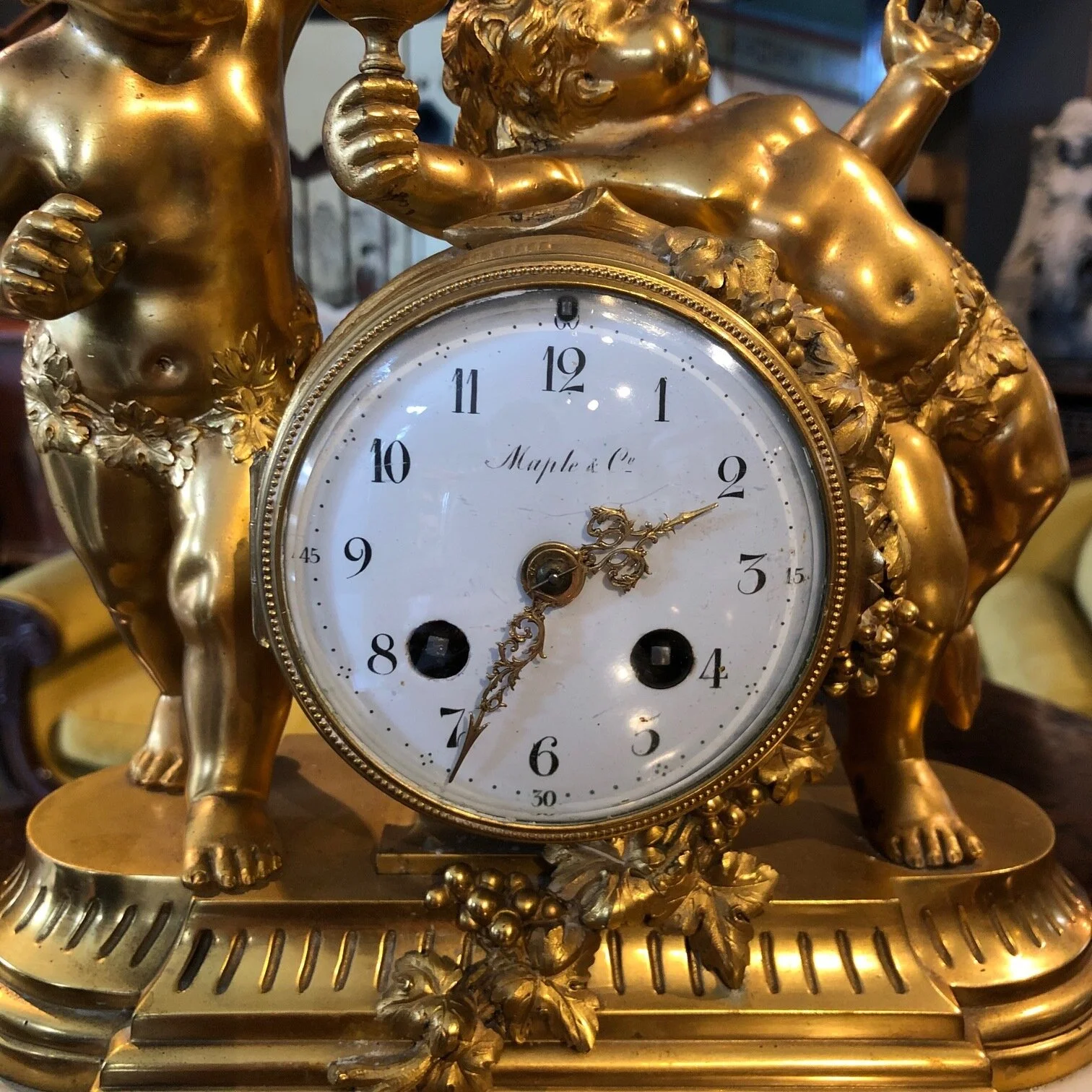 Late 19th century mantle clock retailed by Maple &amp; Co, French circa 1880.