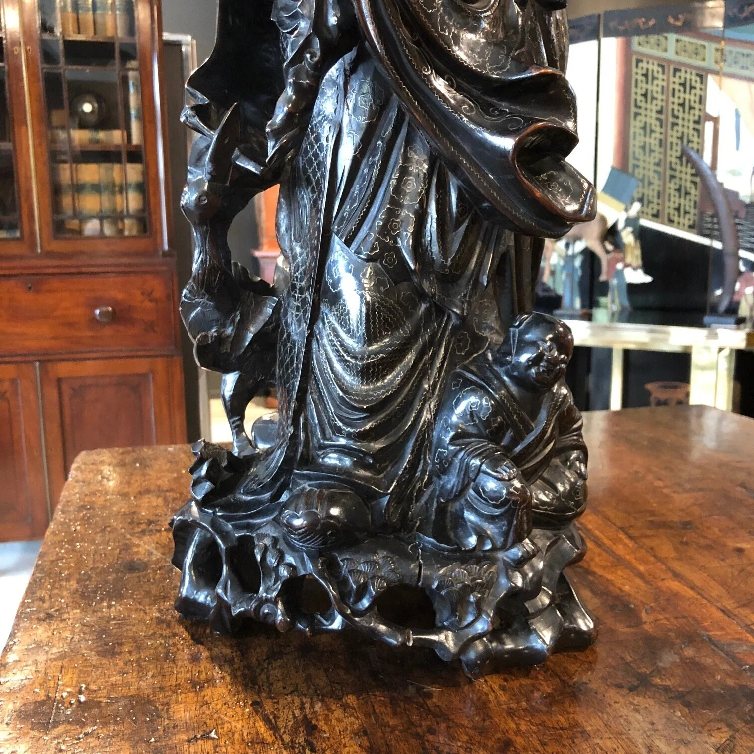 19th century Chinese carved figured with fine silver wire inlaid decorations, circa 1880