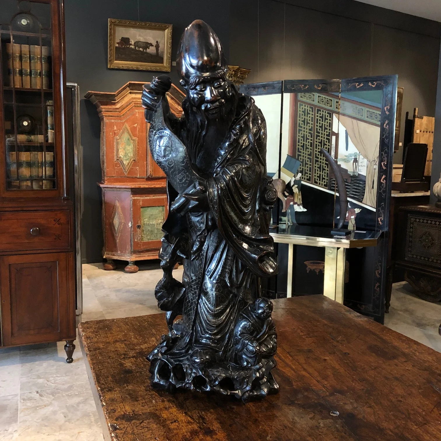 Large 19th Century Chinese Carved Figure with Silver Wire Decorations