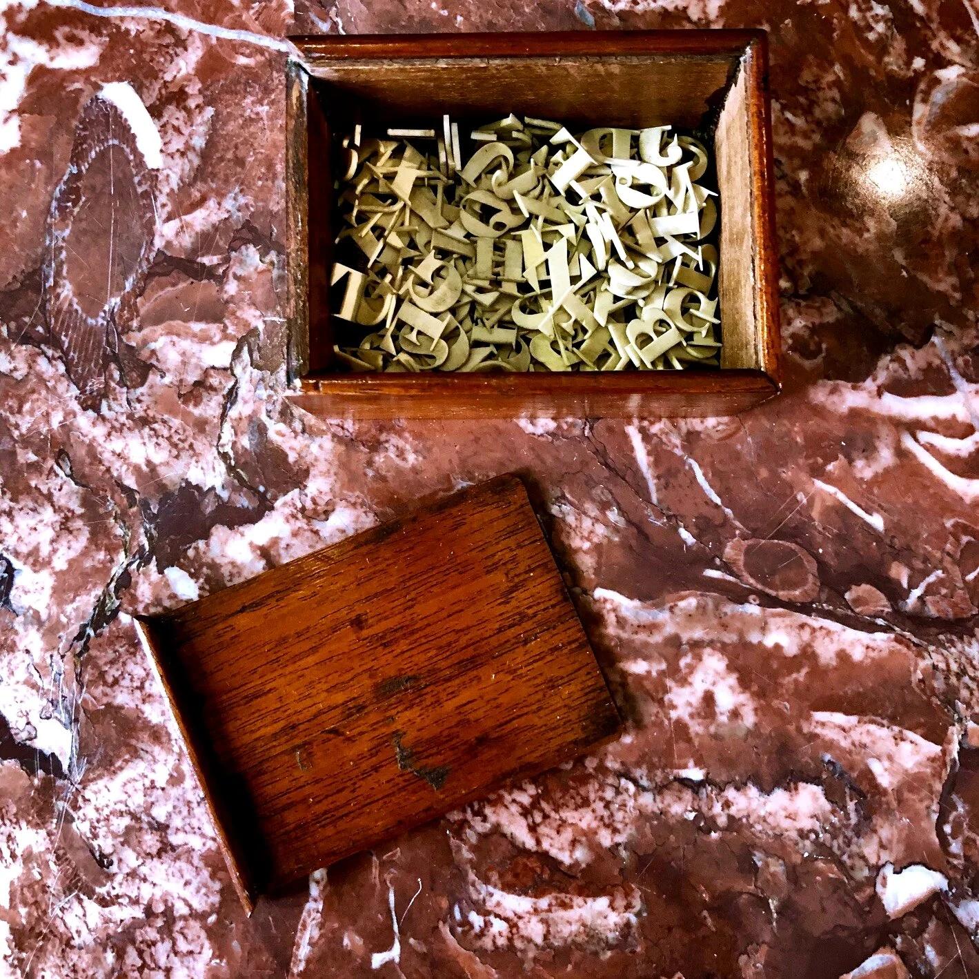 Set of 19th century ivory alphabet letters in original mahogany box, English circa 1860 antique