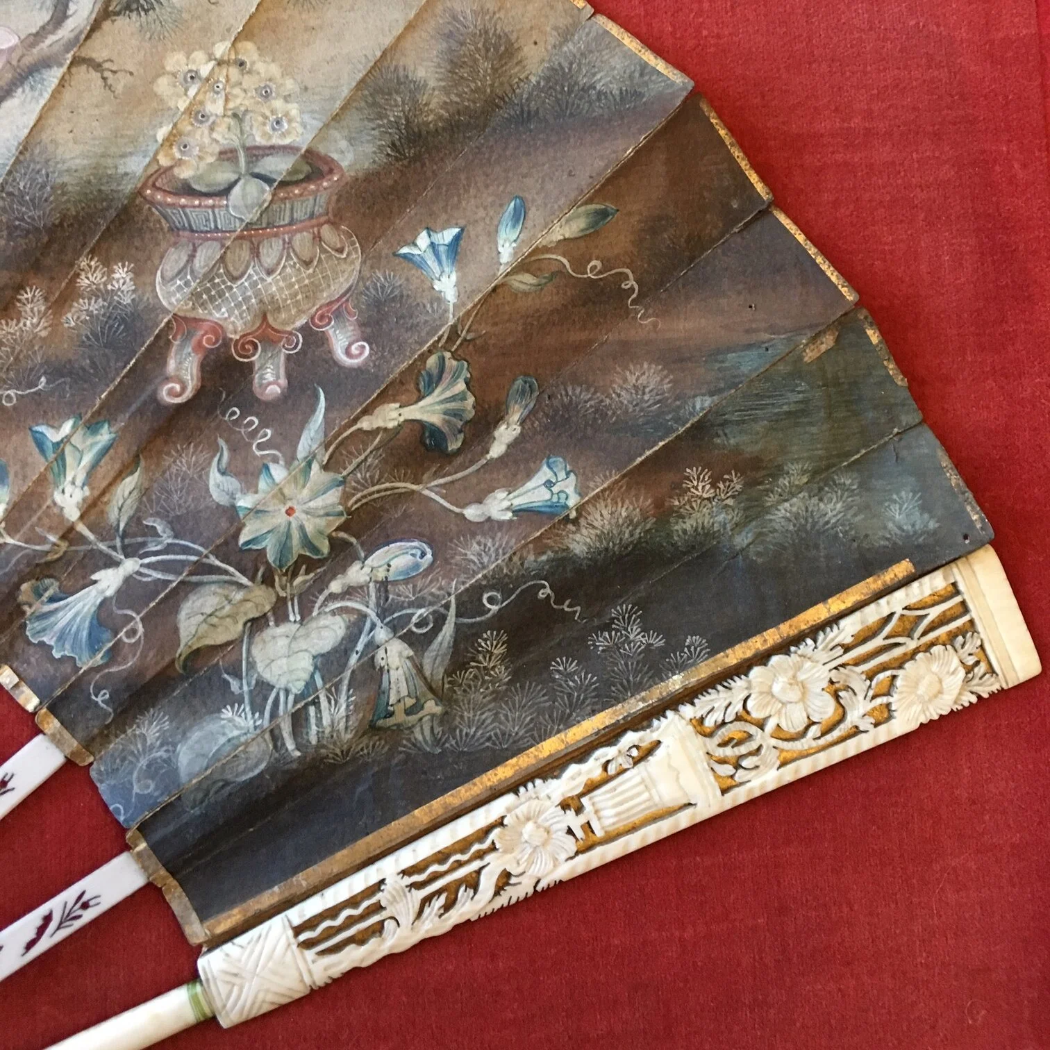 A rare 18th century Chinese export hand painted fan in case with bone handle , circa 1760.