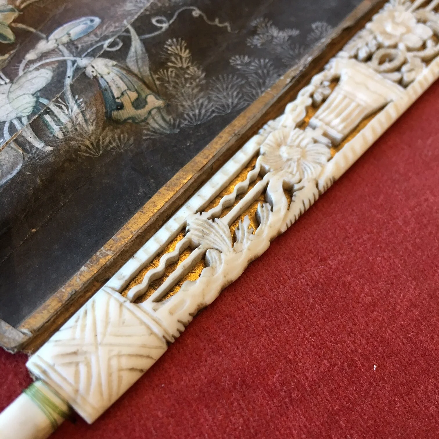 A rare 18th century Chinese export hand painted fan in case with bone handle , circa 1760.