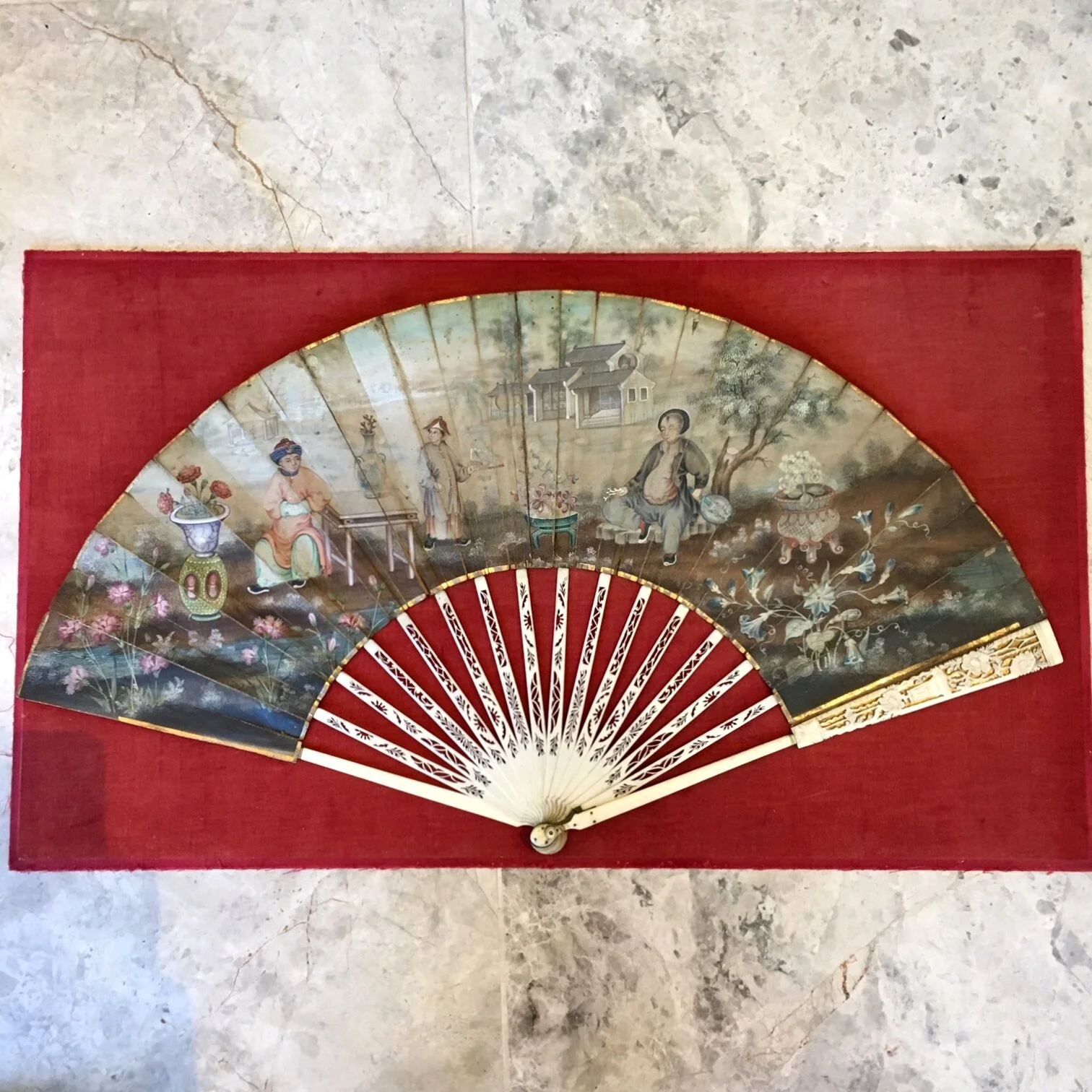 A rare 18th century Chinese export hand painted fan in case with bone handle , circa 1760.