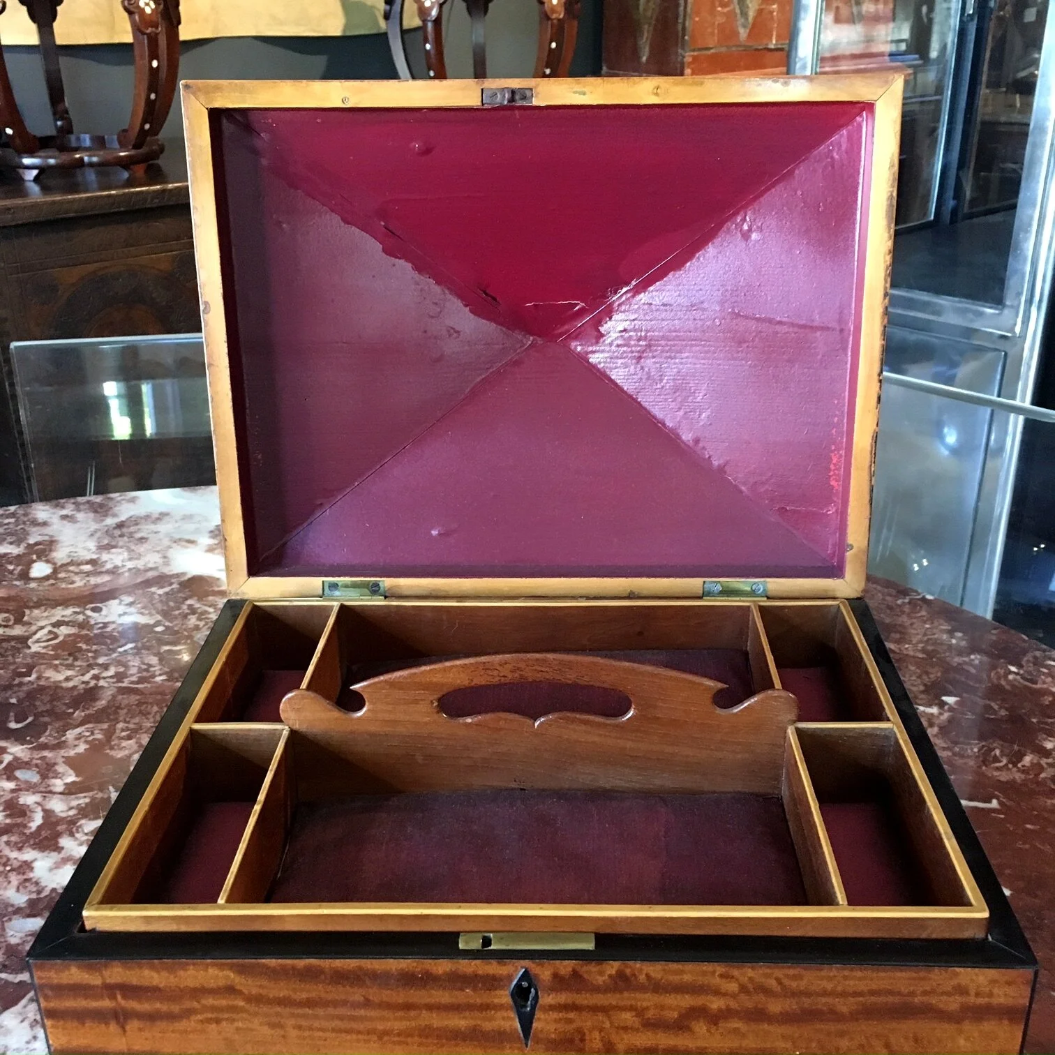English Regency circa 1820 fitted satinwood jewellery/ sewing box with ebony features. Original feet antique
