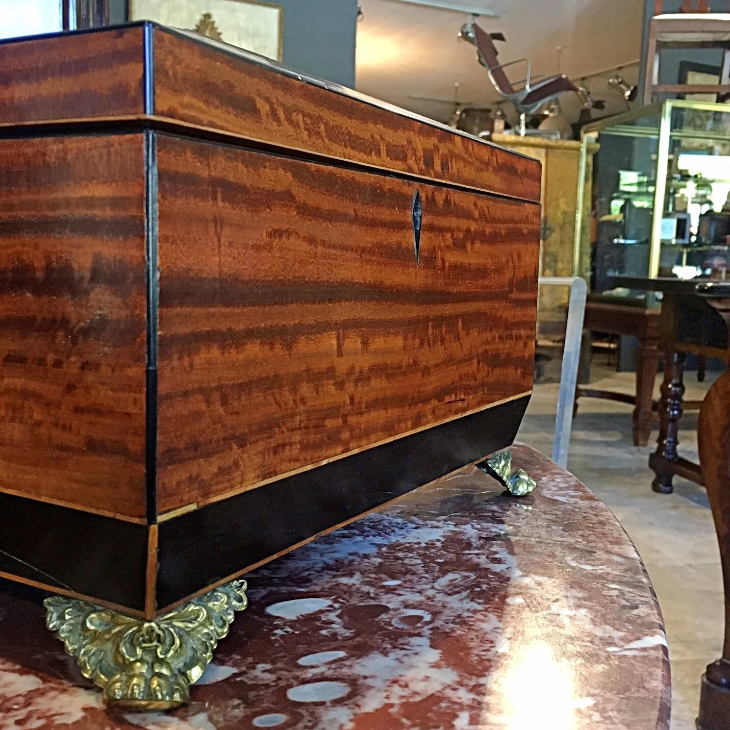 English Regency circa 1820 fitted satinwood jewellery/ sewing box with ebony features. Original feet antique