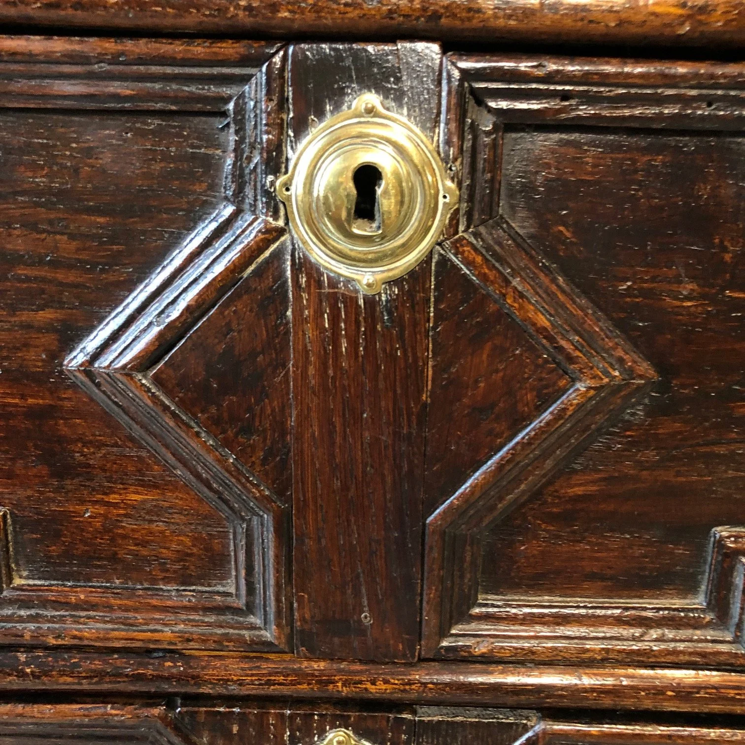 A fabulous late 17th century English oak geometric chest c1680