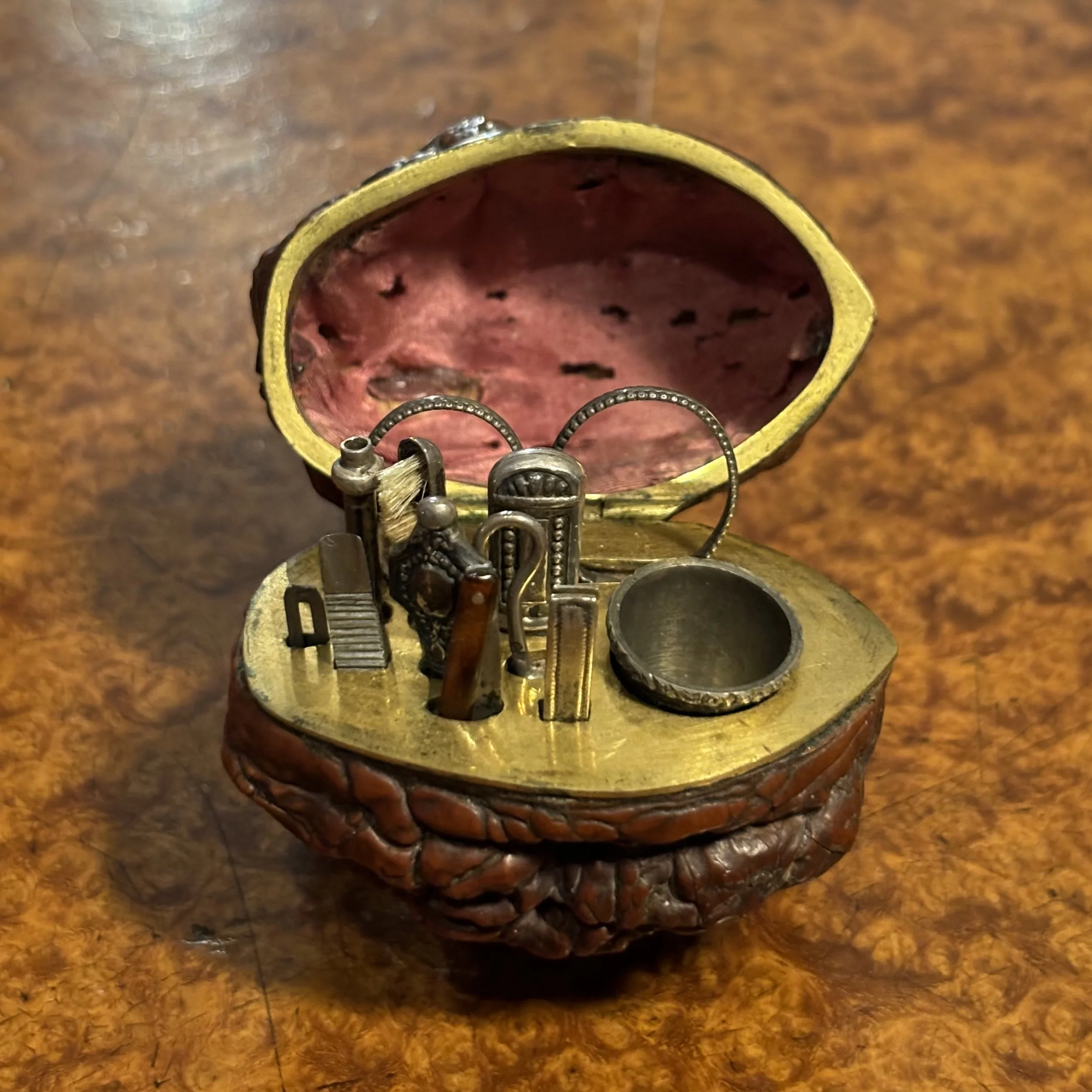 Rare 19th century French fitted walnut sewing etui c1840.