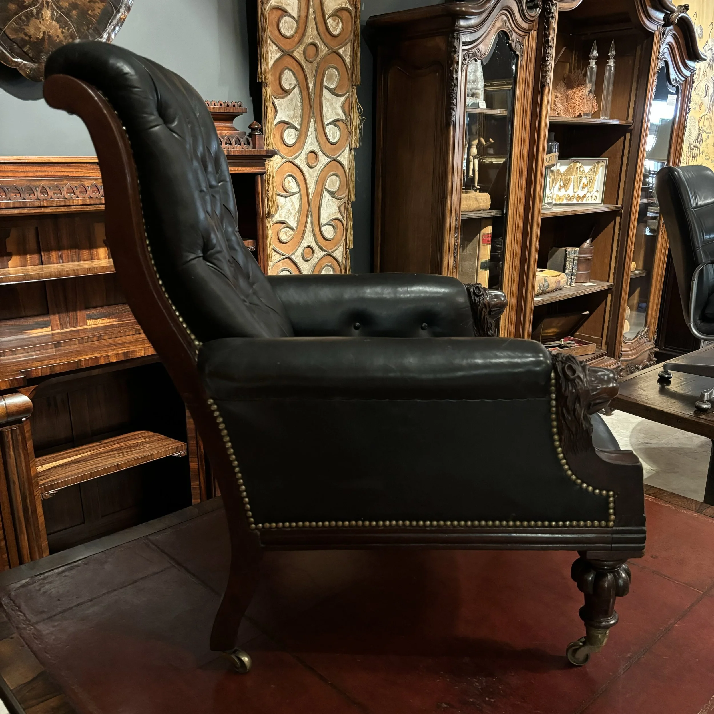 Antique-English-leather-carved-mahogany-lions-head-armchair-1.jpeg