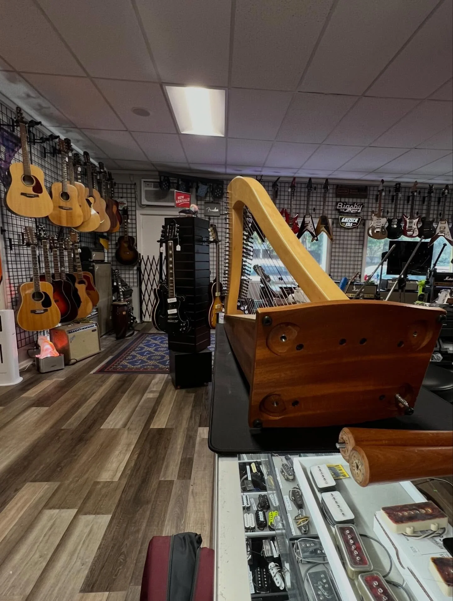 Another harp taken to @parrotdiceguitars for a minor repair! 
One of the legs of this Dusty String Allergo 26 harp has decided to become a problem. The screw is stuck in the harp and will not budge. It&rsquo;s so nice to know my harp is in good hands