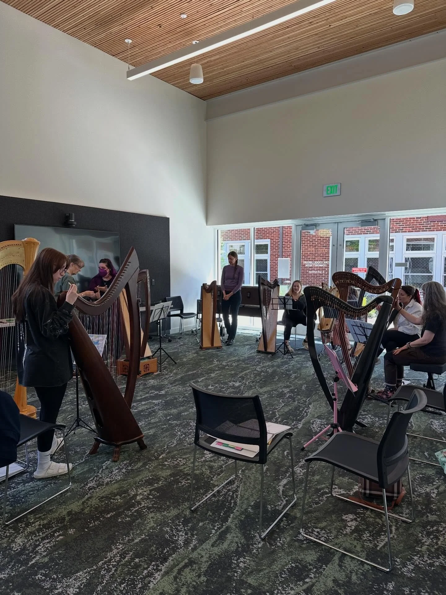 Fantastic harp circle meet up today! Our ensemble pieces were fantastic, we went over string changing, played off lead sheets, and even had time for solos/duets! Rockstars! 💖🪉✨
