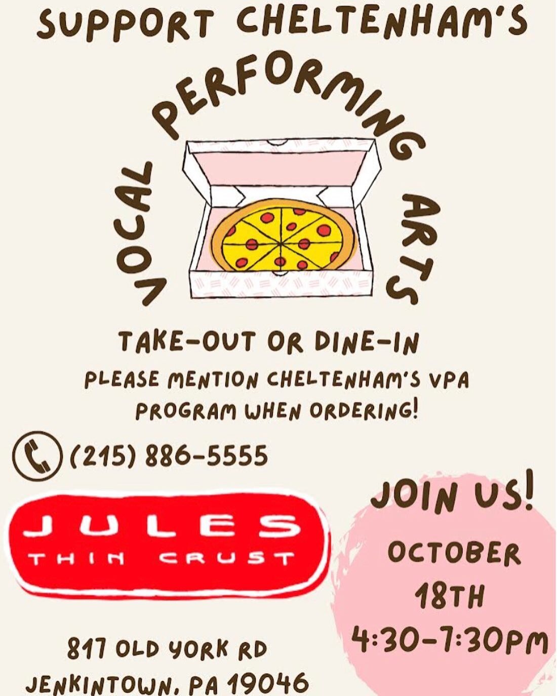 Jules fundraiser tonight!!!! Order pizza tonight from 4:30-7:30 at the Jules Pizza in Jenkintown! Make sure to mention CHS Vocal Arts!!!!! 🍕🍕🍕🎶🎶🎶