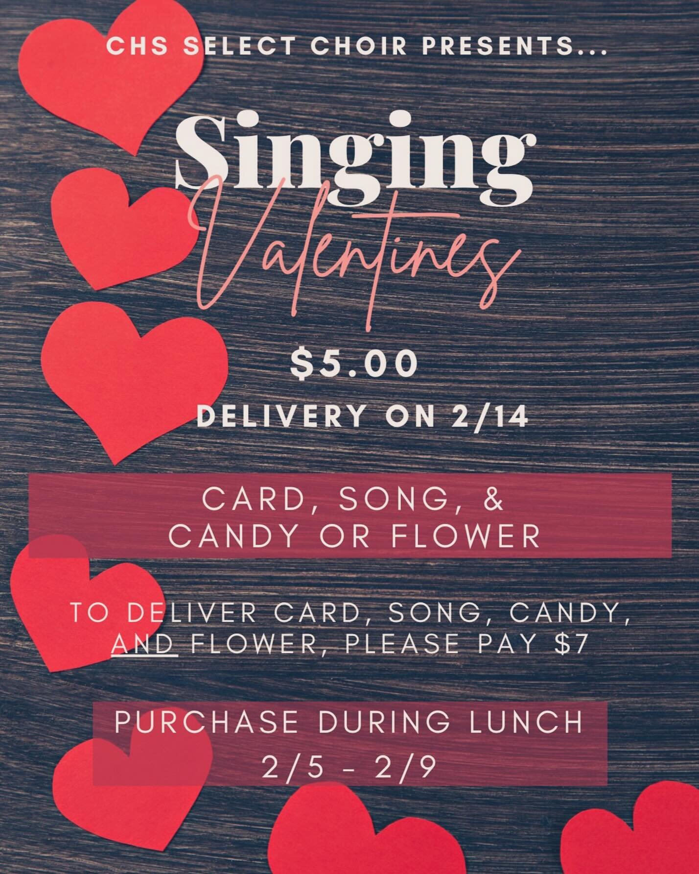 Singing Valentines are here!!! 💕💖🎶 Come purchase yours all next week during community lunch by the Guidance Office!! $5 each! 🎤💌💘