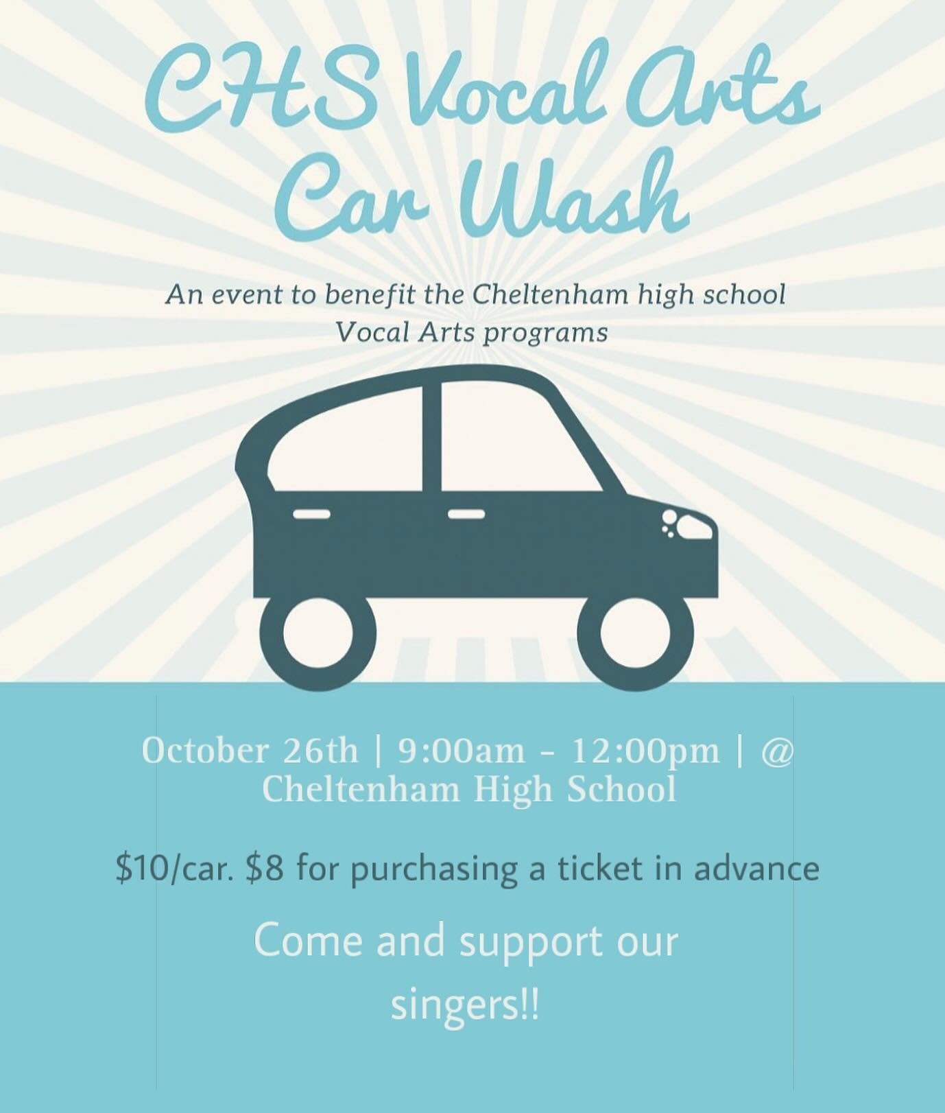 The CHS Vocal Arts car wash is TOMORROW!!! This Saturday, October 26th pull your car around the front flagpole area of the High School for a $10/$8 car wash by our CHS singers!! The car wash will be from 9:00am to 12:00pm!! 🚗🧼🫧🎶