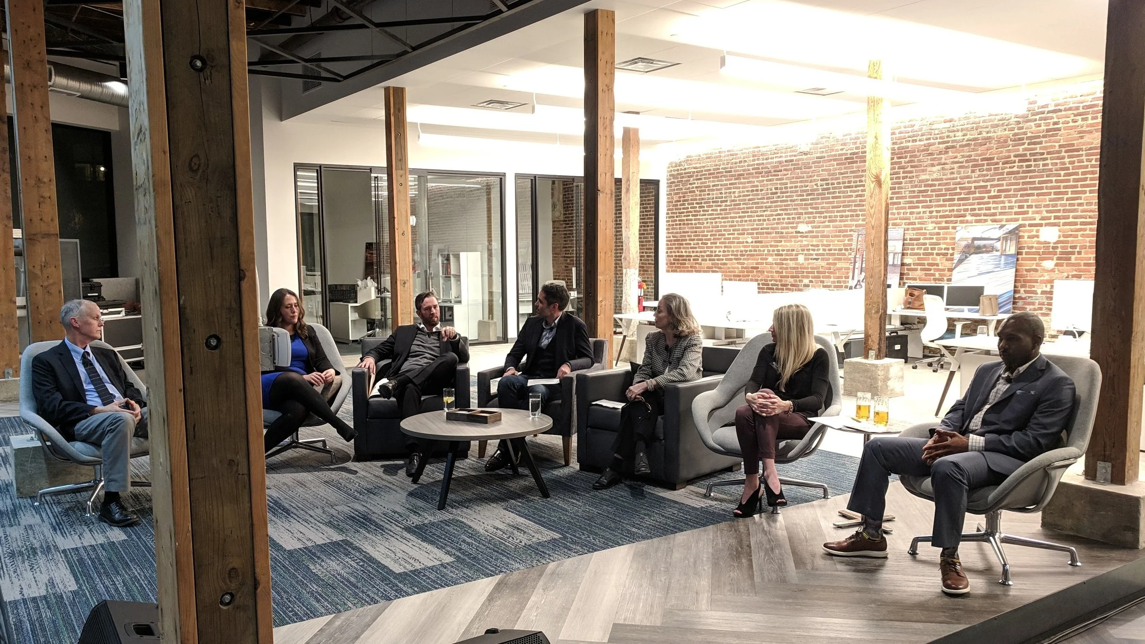 Pictured from left to right: George Smith, Katie Trice, Matt Hayner, Mark Allen, Kris Kirchner, Shelly Attila, and Jessie Frasier at Mannington Commercial’s showroom.