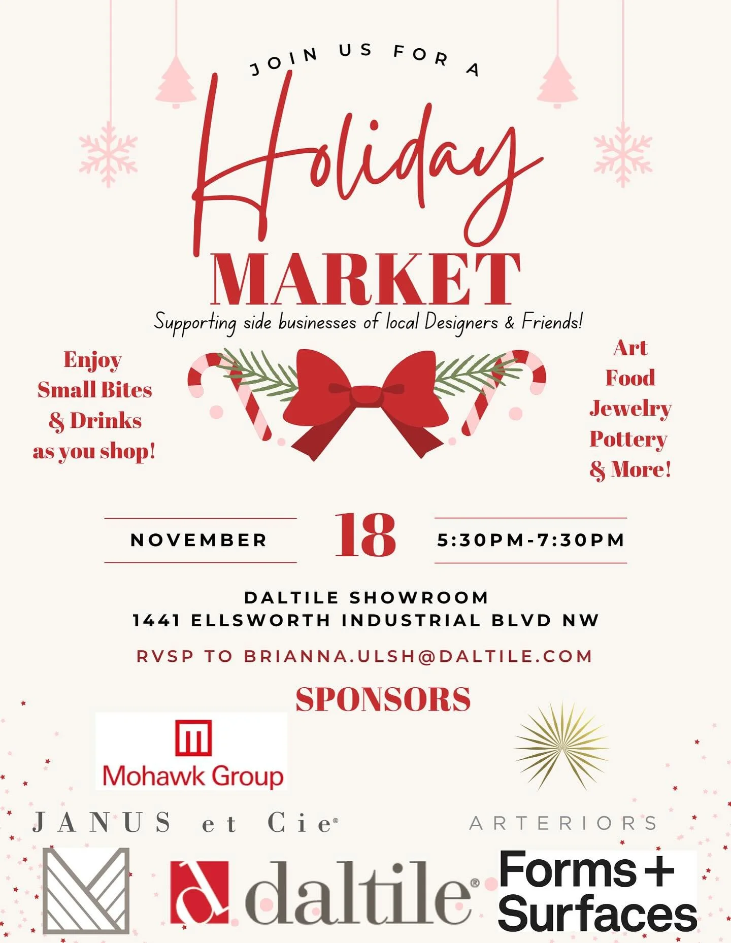 Christmas shopping? Look no further than our Holiday Market to shop small, shop local, and support the businesses of fellow designers and industry friends! We look forward to shopping alongside side you, November 18th 5:30 - 7:30 at the Daltile Showr