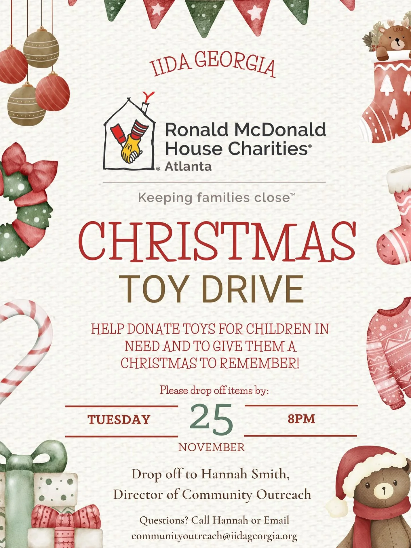 This year, the IIDA Georgia Chapter is excited to support the Ronald McDonald House Atlanta by collecting donations for their Holiday Wish List! We hope to bring warmth, comfort, and a little extra magic to children and families spending their holida