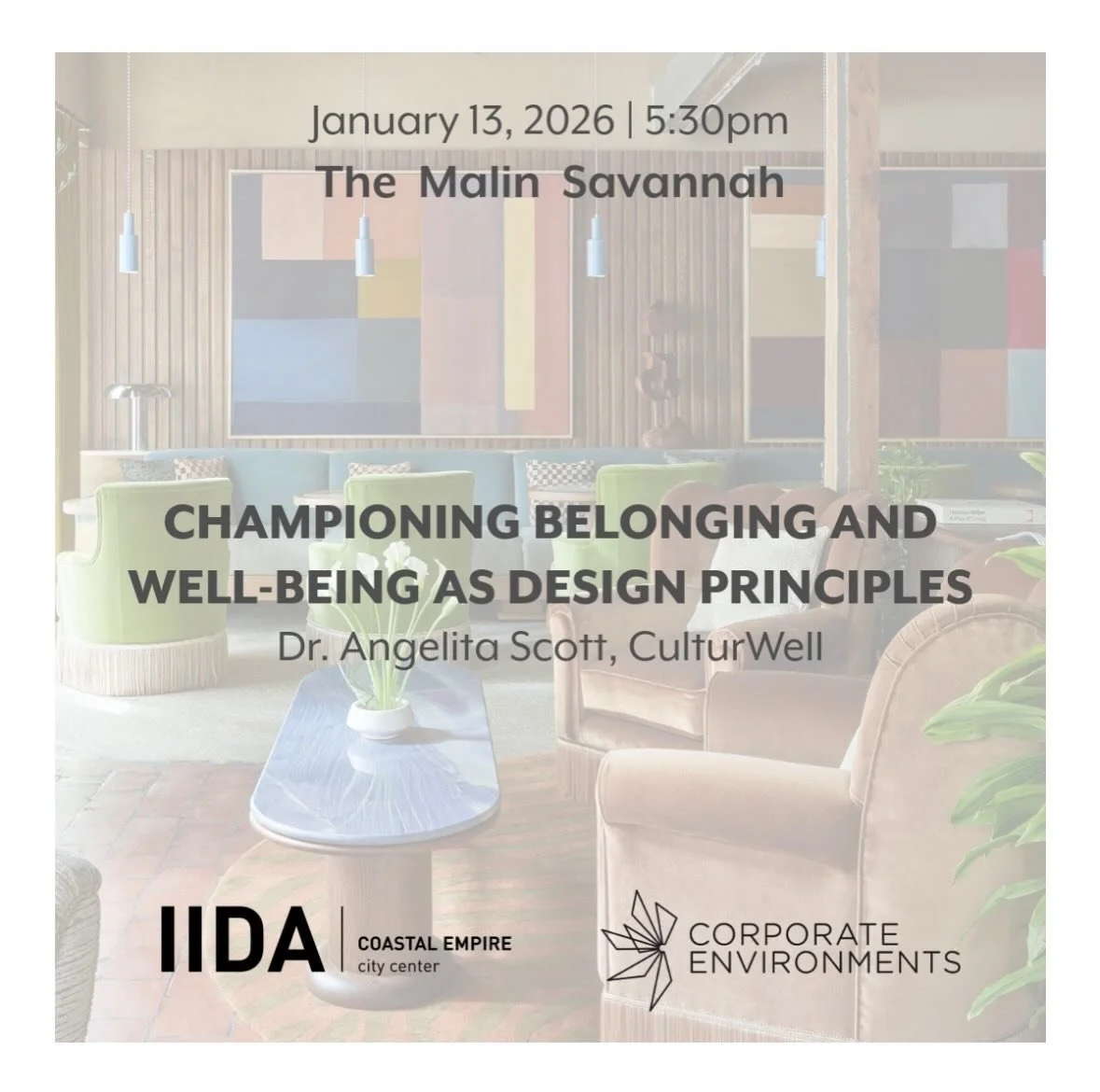 Our Coastal Empire City Center is getting ready to hear from Dr. Angie Scott (Culturwell CEO) on the subject of Design for Well Being and we want YOU to join in for the conversation. RSVP via the link in our bio to learn more about using research &am