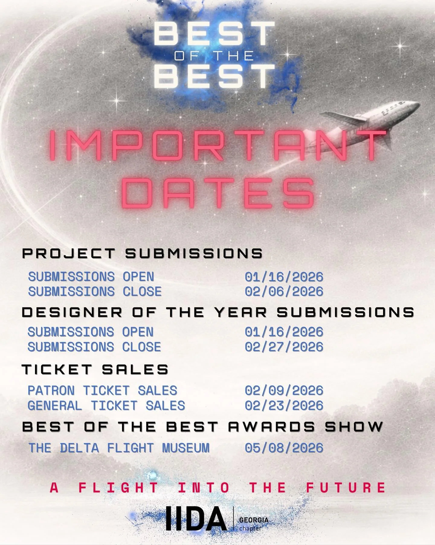 ✈️ Cleared for Takeoff: IIDA GA Best of the Best ✈️
We&rsquo;re heading sky-high at the Delta Flight Museum&nbsp;as Best of the Best prepares for departure! This is your quick flight guide to the key Best of the Best dates&mdash;from boarding to fina