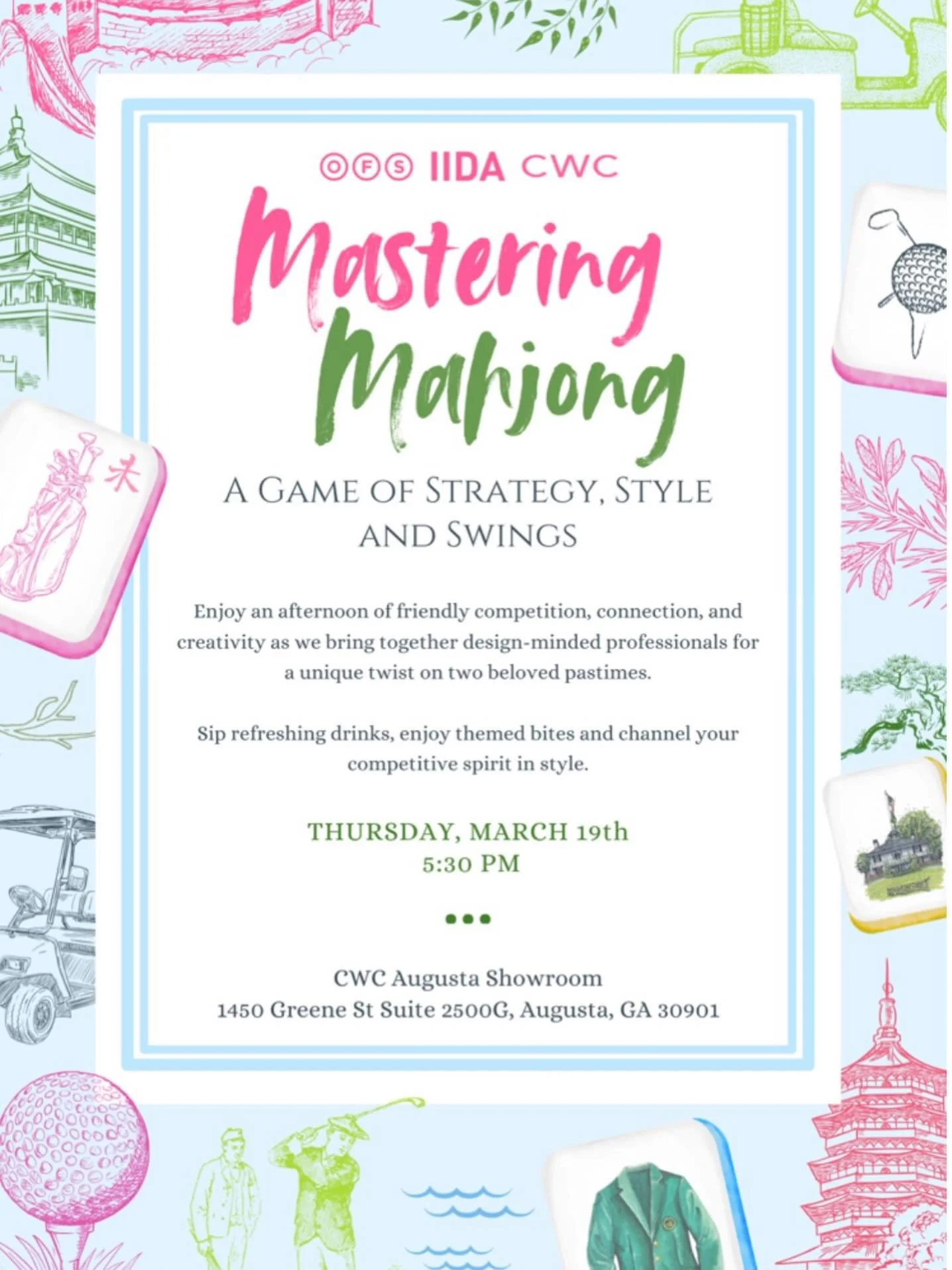 Join IIDA Augusta City Center, CWC, and OFS for Mastering Mahjong, an afternoon of relaxed networking and friendly competition.

Connect with design-minded professionals while enjoying drinks, themed bites, and a playful twist on classic pastimes&mda
