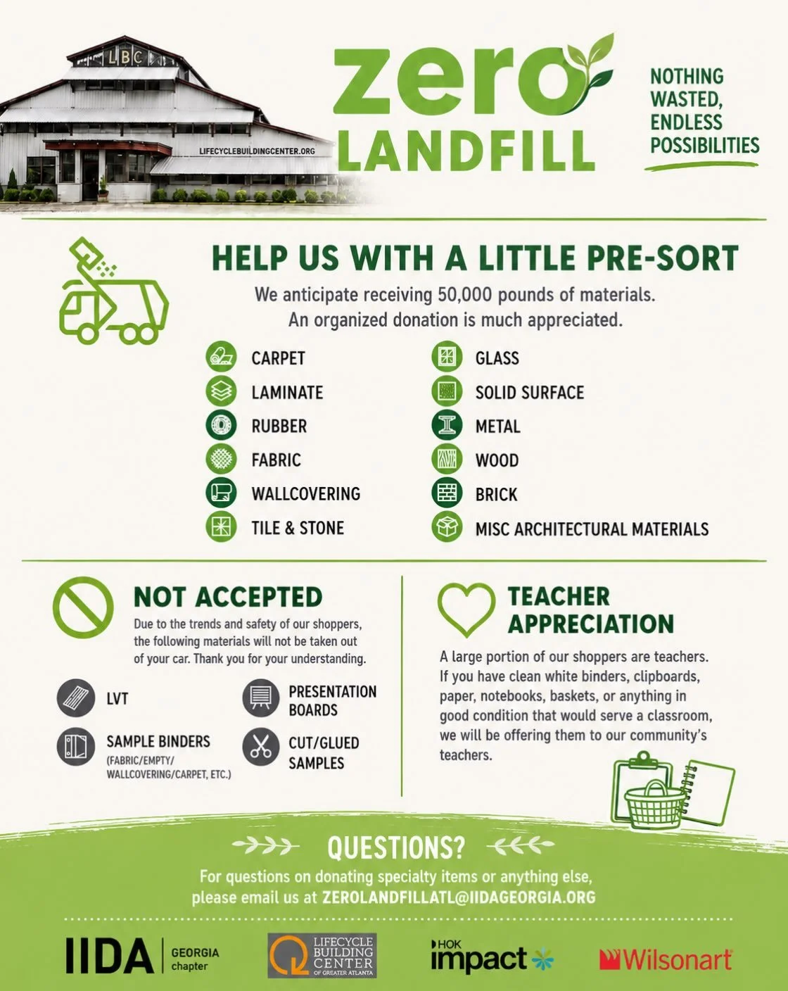 ♻️ ONE WEEK TO ZERO LANDFILL SHOPPING!

Design firms, manufacturers, reps and showrooms: it&rsquo;s time to clean out those sample libraries!

Gather your discontinued, unused and leftover materials and help us give them a second life at IIDA Georgia