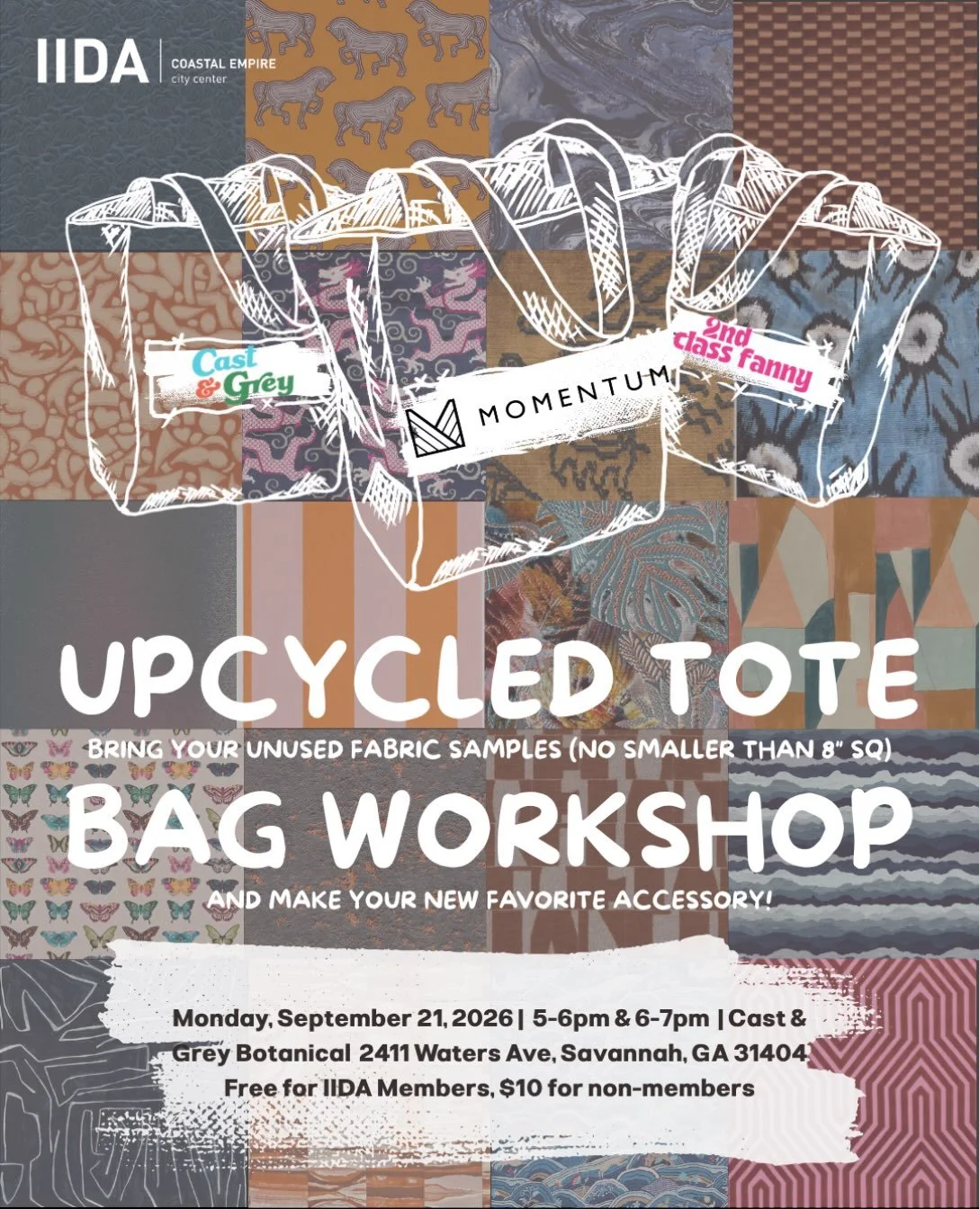Join IIDA Coastal Empire City Center for an upcycling event with 2nd Class Fanny at Cast &amp; Grey, sponsored by Momentum! Bring your unused fabric samples and create your own custom IIDA tote bag with us! 

Space is limited so please choose 1 of th
