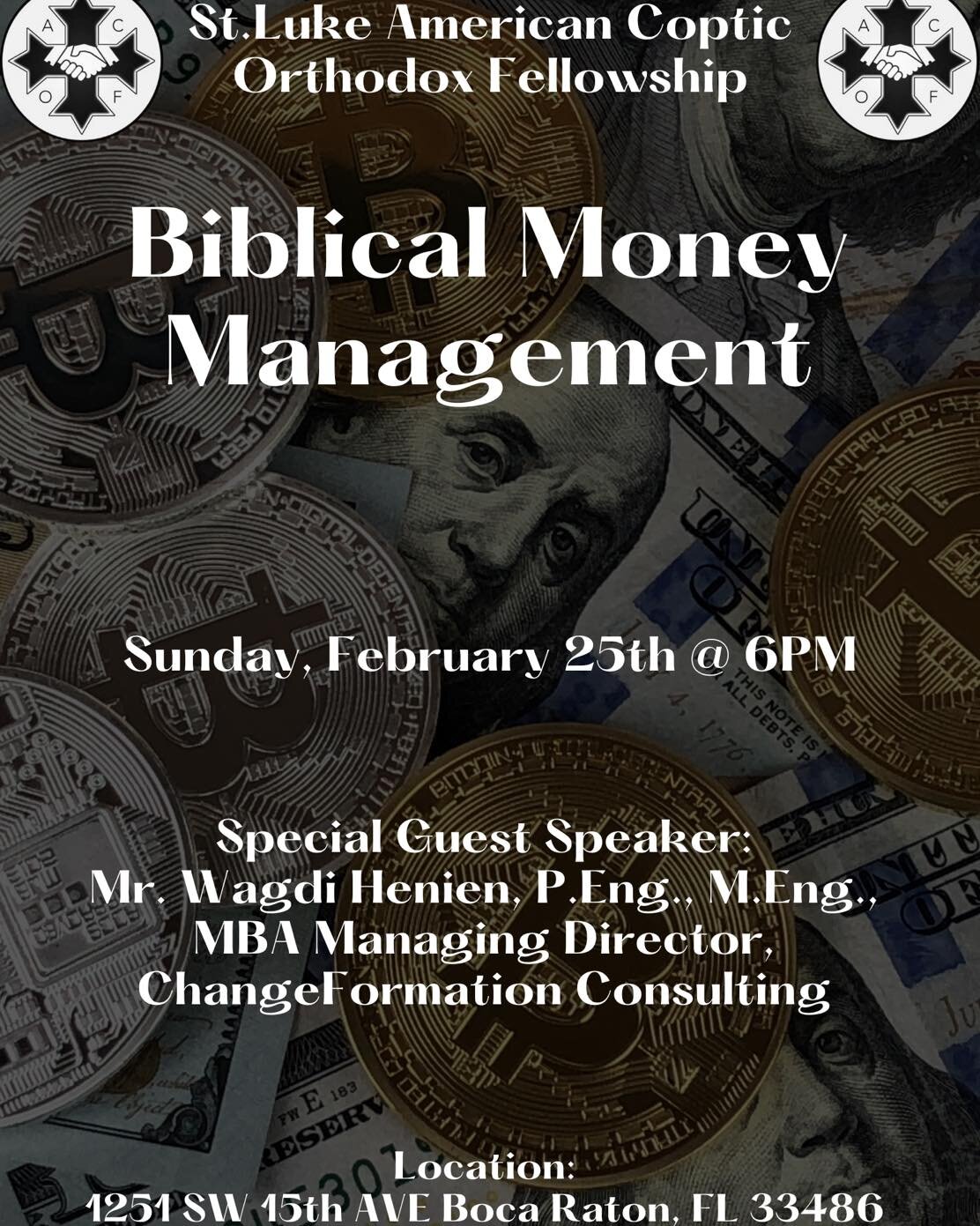 Excited to see everyone this Sunday Night for a great Special night talk Biblical Money Management and a special surprise! Come and bring a friend!
Join us at 6pm at
1251 SW 15th Ave, Boca Raton, FL 33486