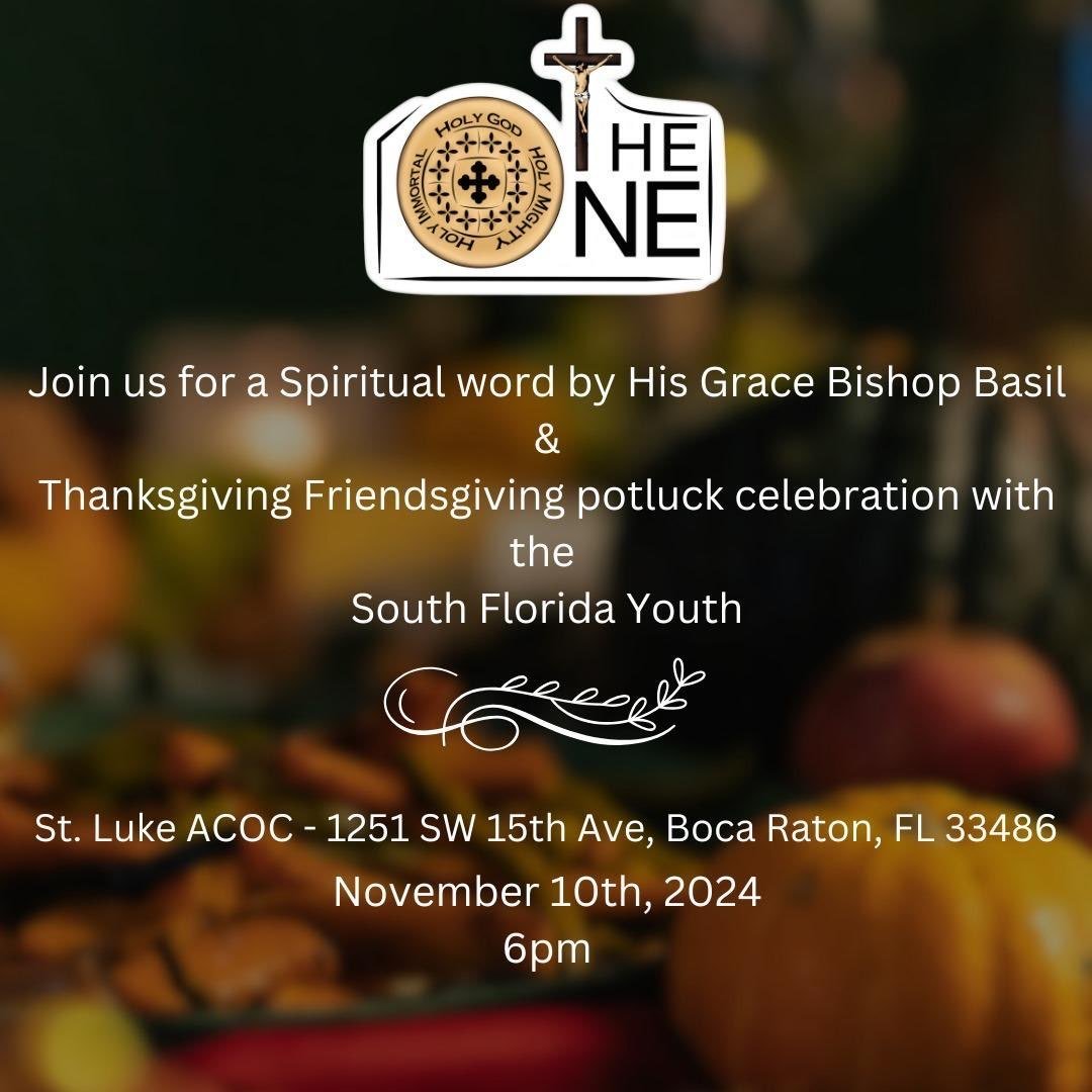 Hello South Florida Youth! The One is this Sunday, November 10th. His Grace Bishop Basil will give a Spiritual word followed by fellowship. Since it's the special time of year to be thankful, we'll celebrate our Friendsgiving!
We are sharing an excel