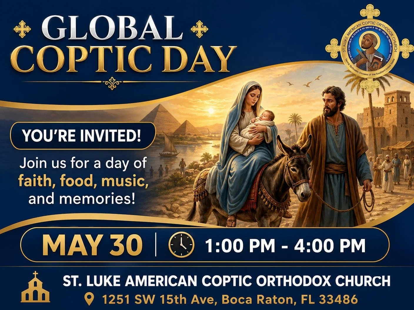 FREE FREE FREE EVENT!!!!!!!!!
🌟 GLOBAL COPTIC DAY IS HERE! 🌟
Boca Raton, get ready for an electrifying celebration! St. Luke American Coptic Orthodox Church invites everyone 
 &bull;. FAITH 🙏
 &bull;. FOOD 🍲
 &bull; MUSIC 🎶
 &bull; MEMORIES 💖
J