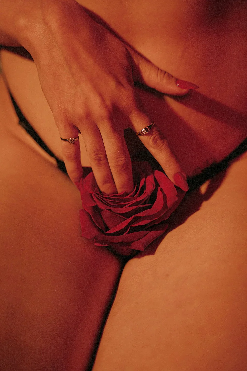 Woman inserting fingers into a rose to represent sensuality during a boudoir session in Toronto, Ontario.