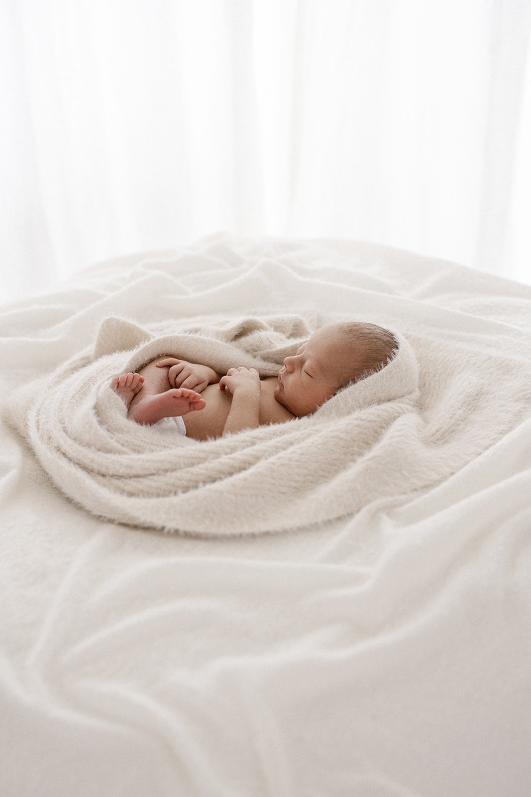 brisbane newborn baby wrapped loosely in a ruffled white blanket