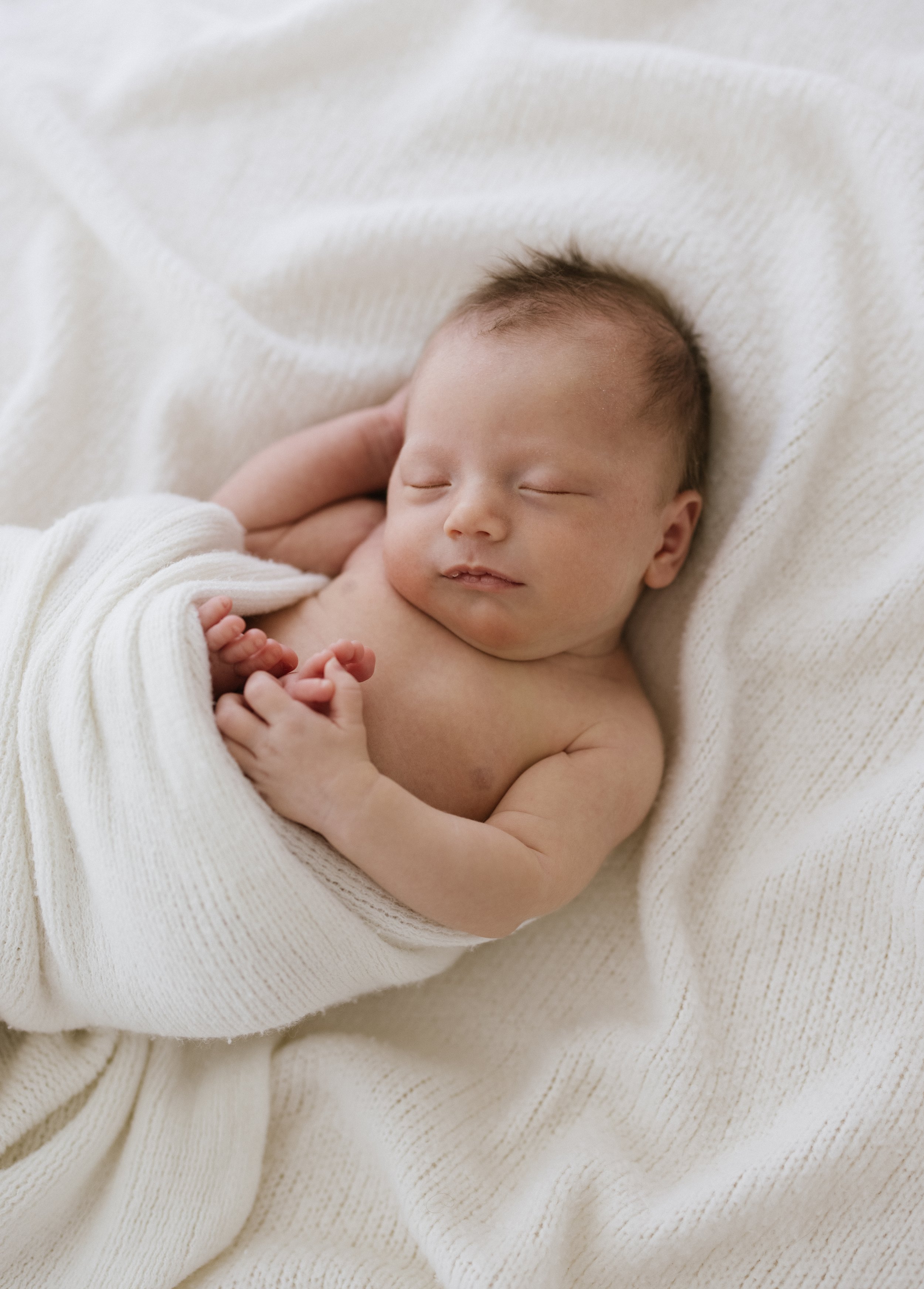 Brisbane newborn baby curled up in a soft white blanket 