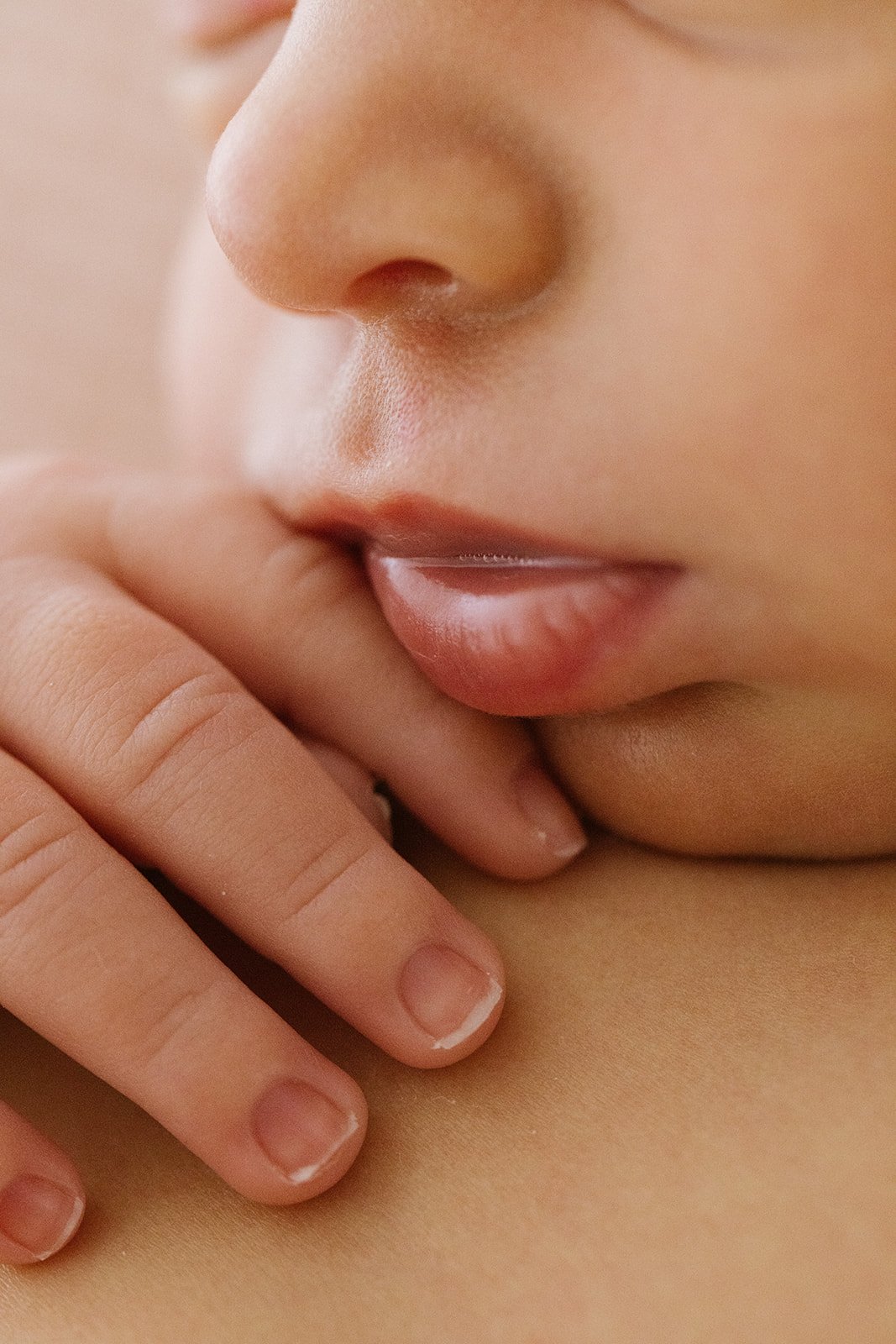 a close up macro photograph of a newborn babies lips and fingers