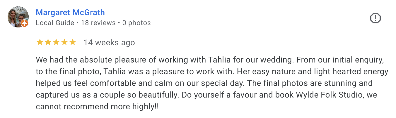 Screenshot of a Google review for a wedding photography service, including a profile photo of a woman with glasses and a wedding photo, with five-star rating and a positive testimonial.