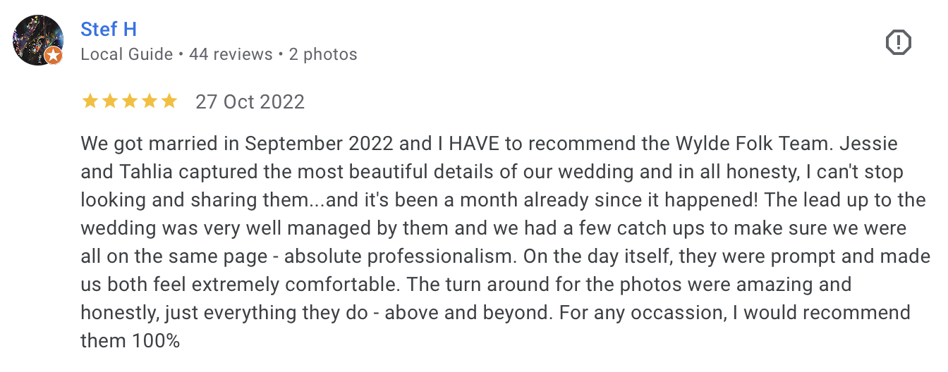 Screenshot of a Google review for a wedding photography service, with five stars, submitted in October 2022, praising the photographers for capturing beautiful wedding details and professionalism.