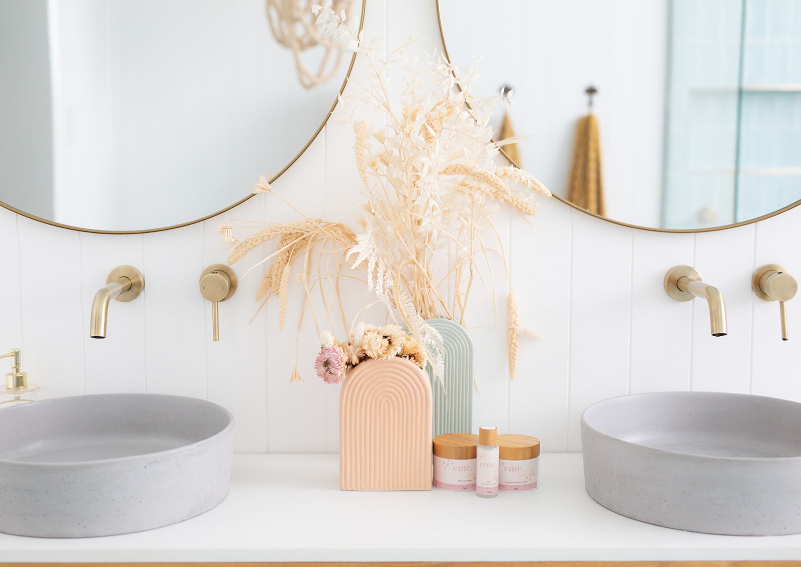 A photo of a beautiful bathroom with skin care products