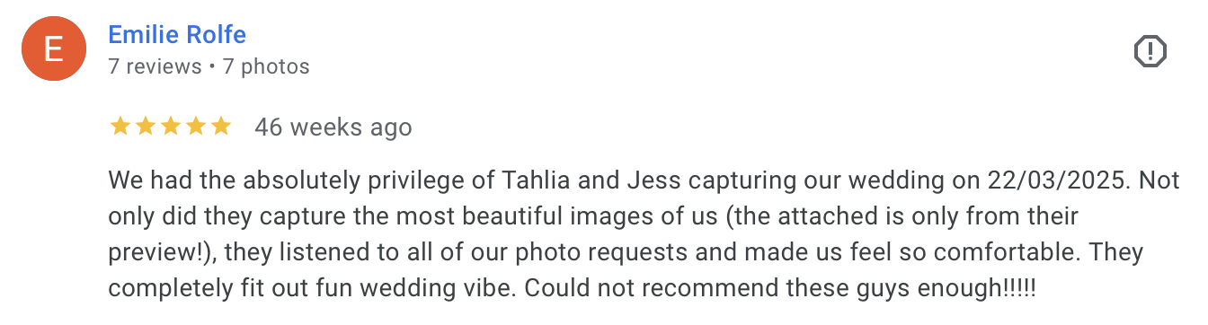 Screenshot of a positive online review for wedding photographers, praising their ability to capture beautiful images and making the couple feel comfortable.