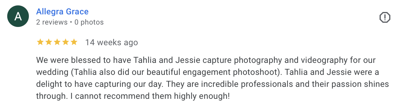 Customer review praising Tahlia and Jessie for capturing wedding photography and videography, highlighting their professionalism and passion.