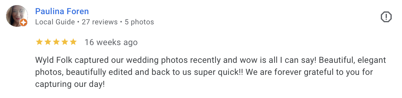 Screenshot of a Google review by Paulina Foren, a local guide with 27 reviews and 5 photos, praising Wyld Folk for capturing her wedding photos.