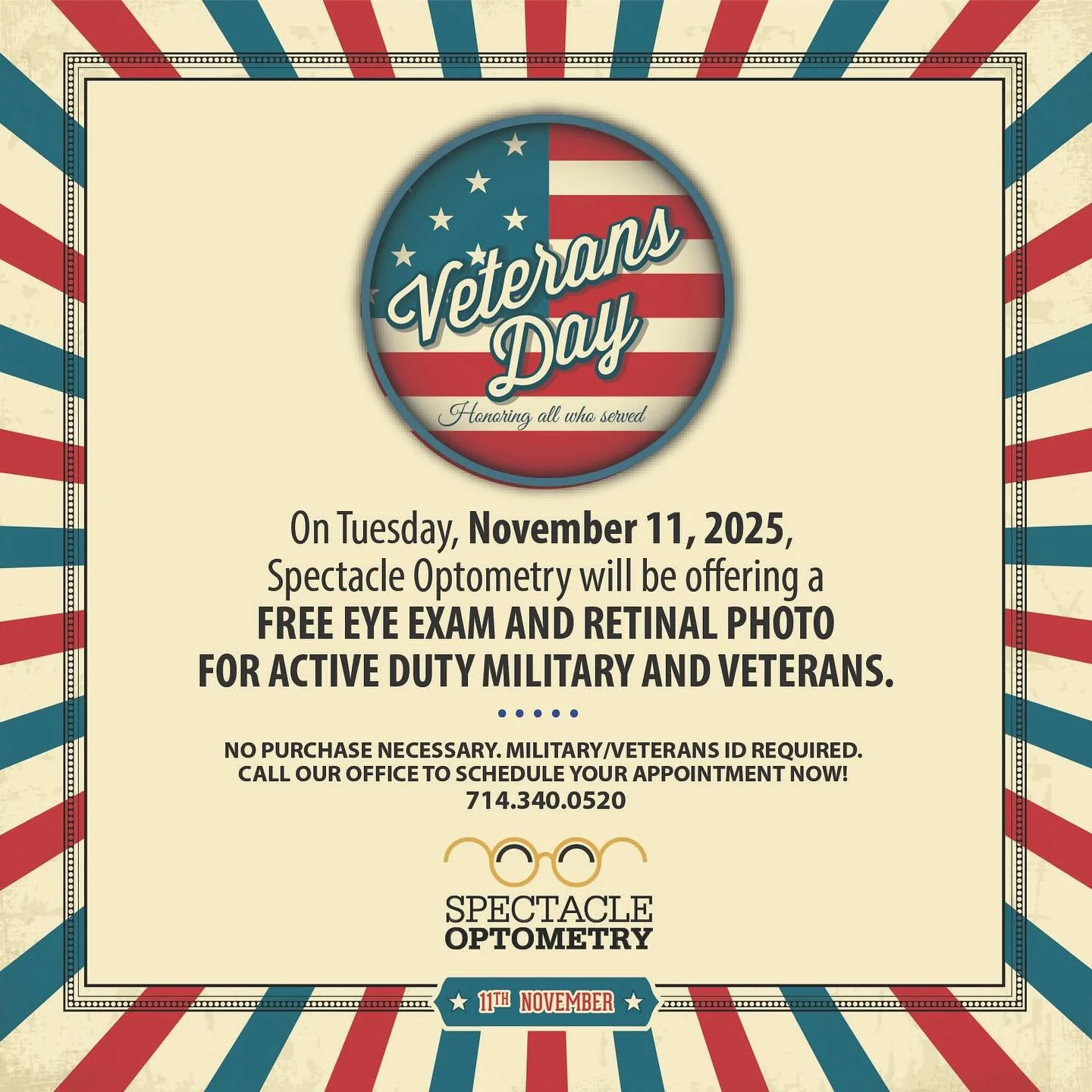 November will be here in the blink of an eye (pun intended! 🤣) and one of our favorite November things is the annual opportunity to give veterans and active duty military free eye exams with retinal photos! Be sure to mention you are a veteran or ac