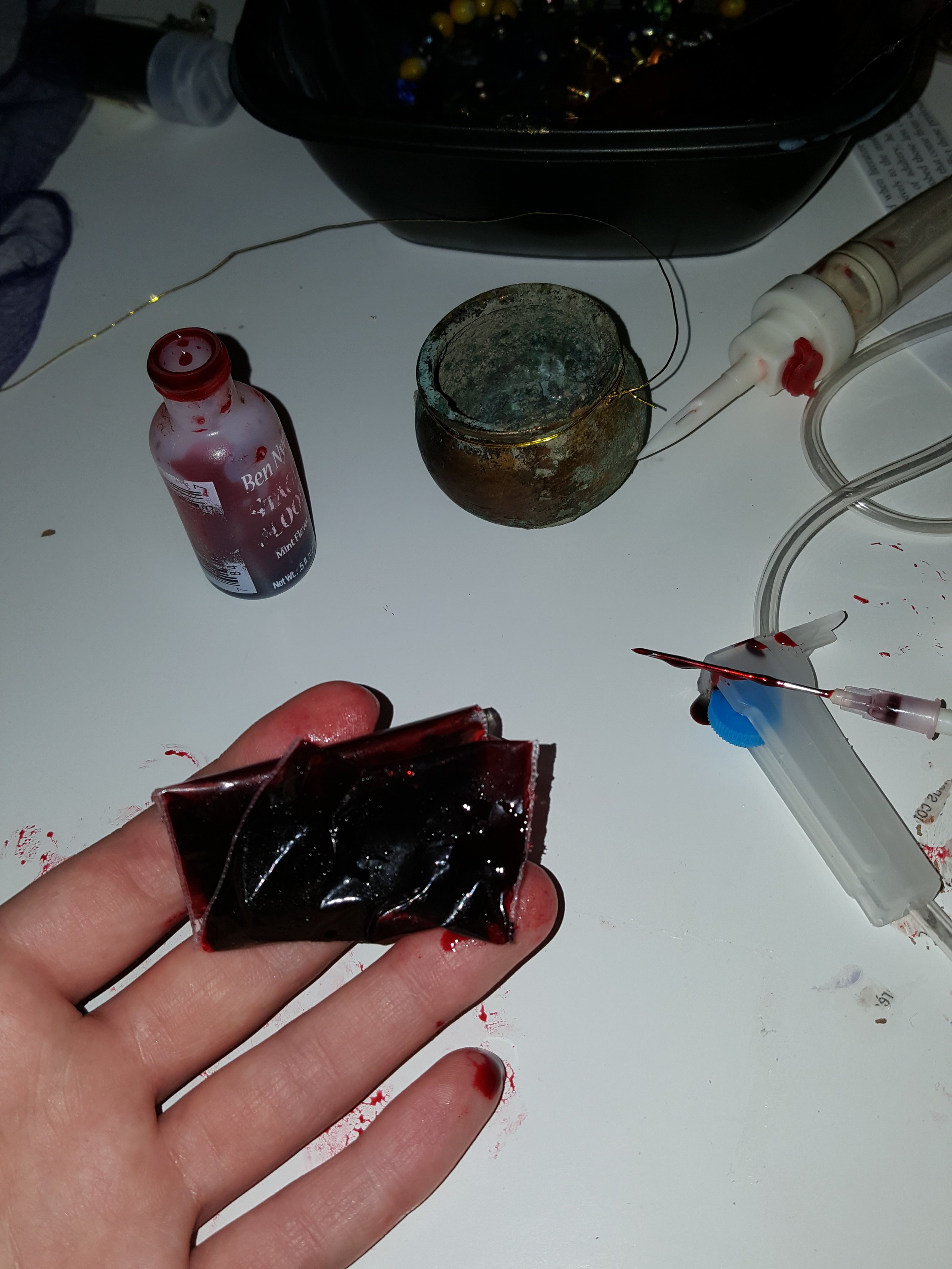  One of the stranger days I’ve spent in my apartment, trying to find household objects that could mimic a beating heart to pump  fake  blood into a  real  transfusion needle. I did not succeed, since this is medical equipment designed to keep blood s