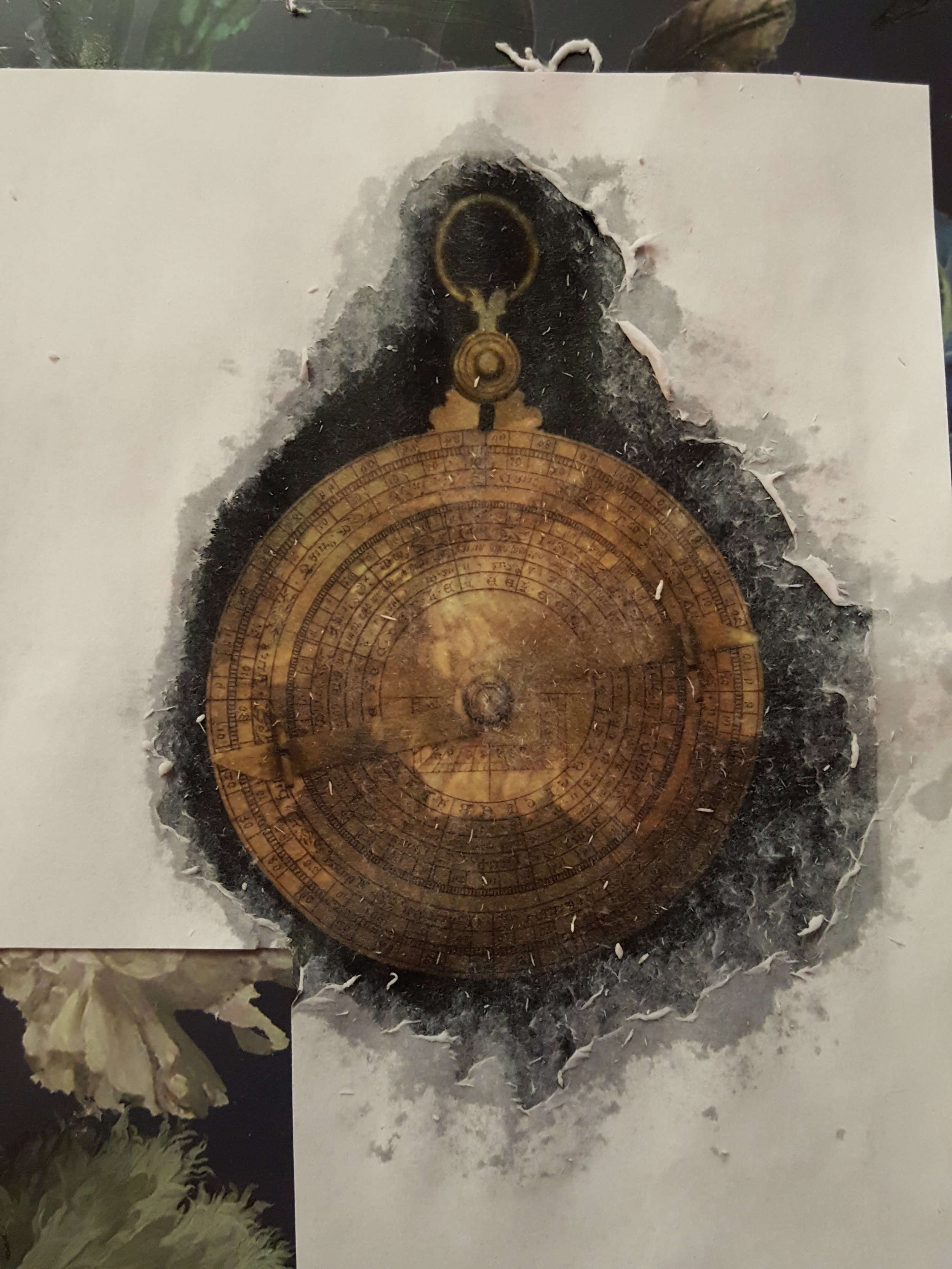 Creating an acrylic transfer of an antique astrolabe to gloss down onto a Fimo surface 
