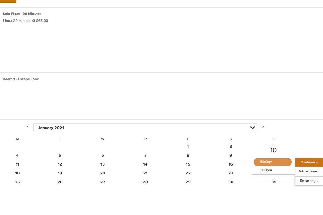 3. Pick the tank or room of your preference, and then select the date and time. Click “continue.”