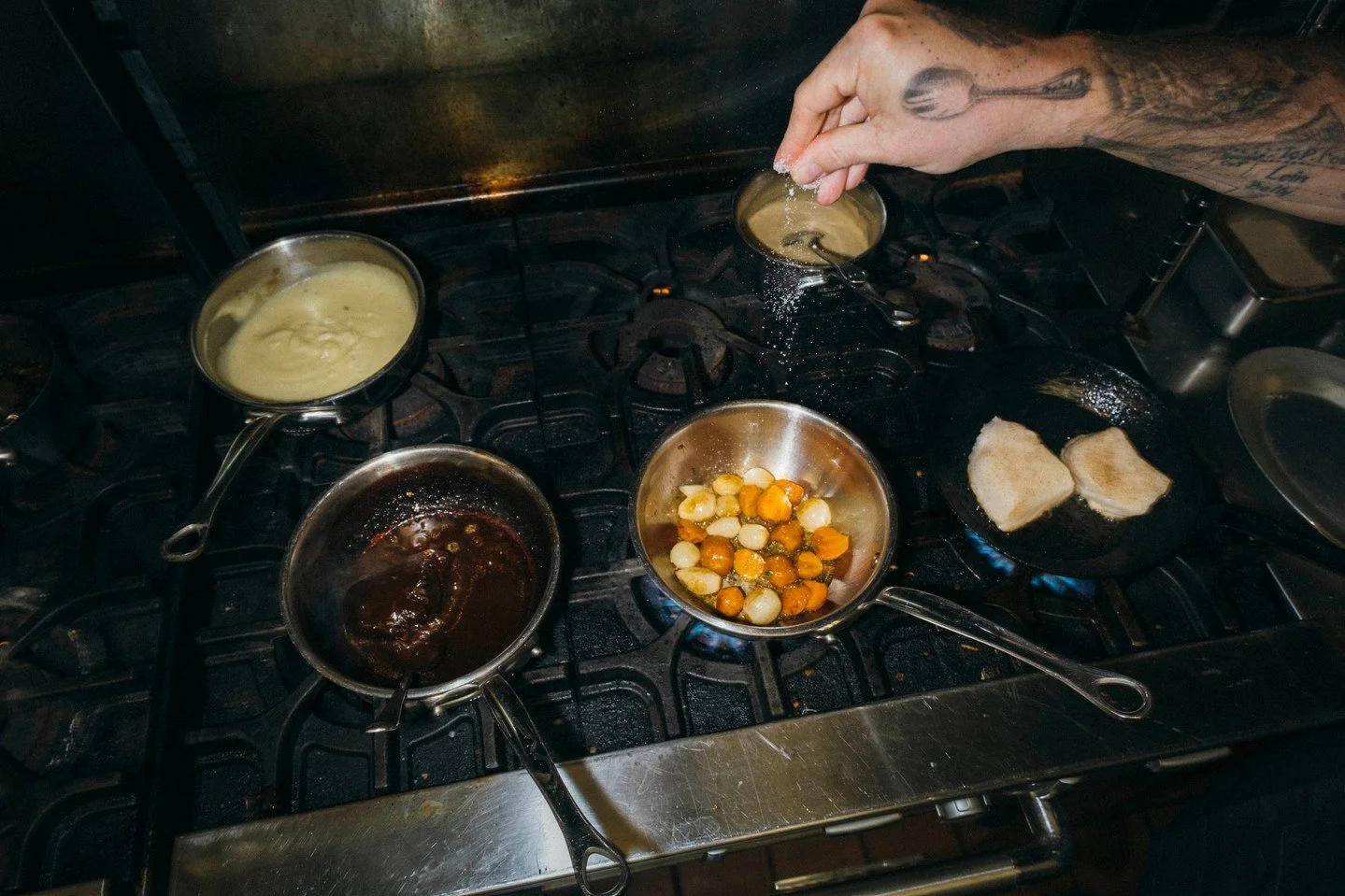One of my favorite things to do in the kitchen is confit vegetables. These carrots, turnips, and pearl onions were submerged in olive oil for three hours in a 275 degree oven. Slow, patient, and worth every minute.