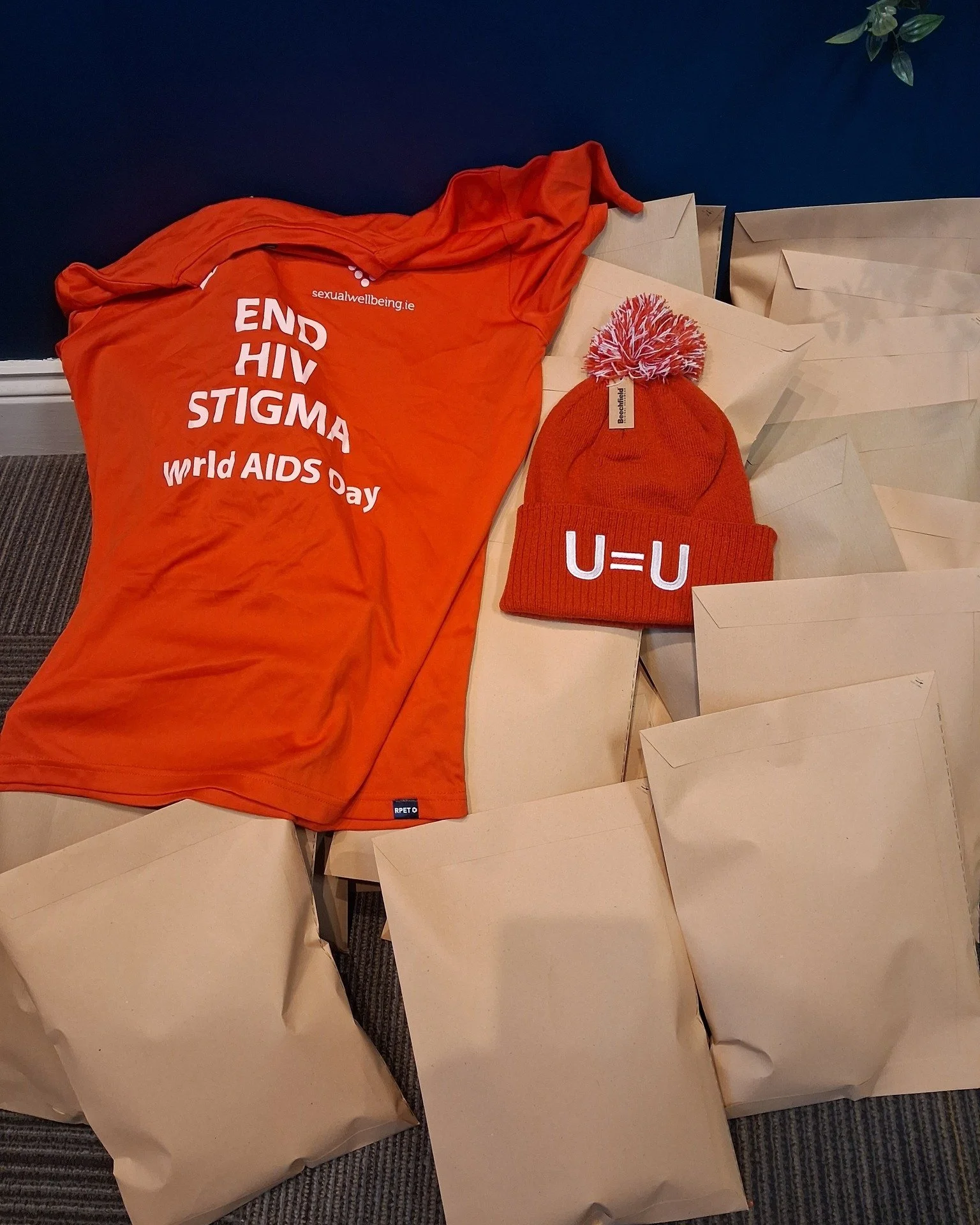 We are busy packing orders of t-shirts, hats and beanies.  All red run merch sports the u equals u (undetectable = untransmittable) message.  People living with HIV on effective treatment cannot transmit the virus.  Spread the message by ordering you