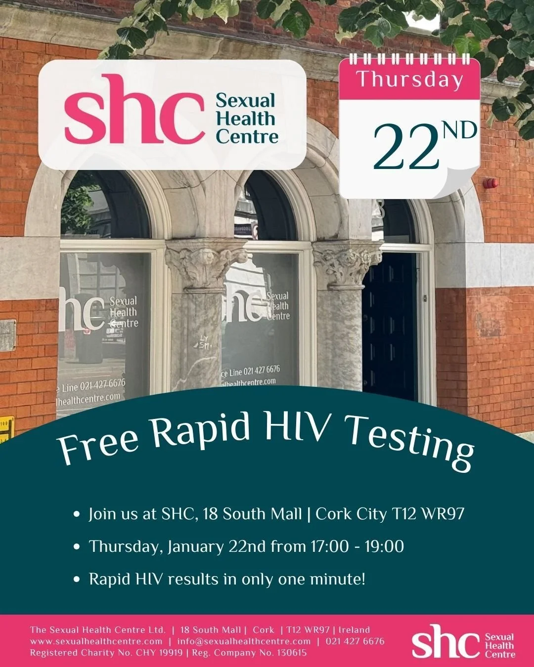 Evening session rapid HIV testing at SHC, 18 South Mall | Cork City  T12 WR97
Thursday January 22nd 
1700 - 1900
Results in one minute.
#RapidHIVTesting #HIVAwareness #KnowYourStatus #UequalsU #CorkEvents #SHCCork #EndAIDS2030