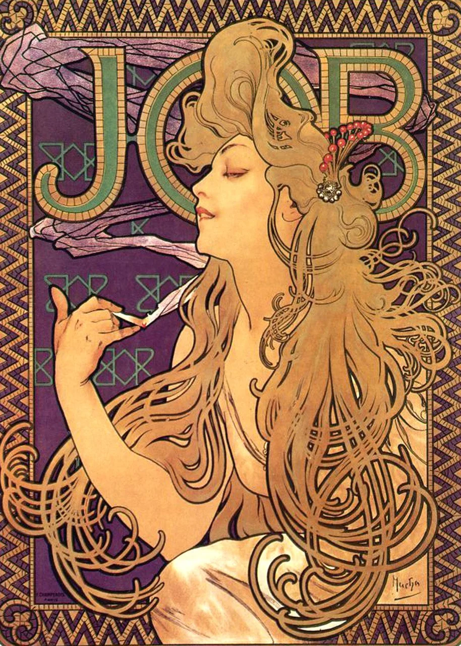 Alfonse Mucha, plakat  for JOB sigarett papir (1898). Bilde hentet fra Wikipedia, offenltig domene. 