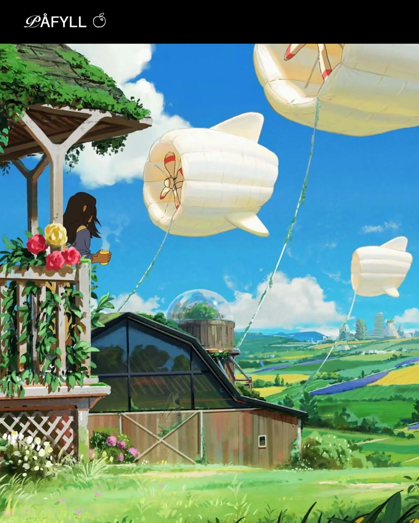 P&aring;fyll: Solarpunk

&laquo;Midt i en sildrende bekk snurrer et vannhjul rundt og rundt. Det er koblet til en hightech-generator med neonlysende hologram som m&aring;ler energiforsyningen. Like ved hviler en ku i skyggen av et solcellepanel, omgi